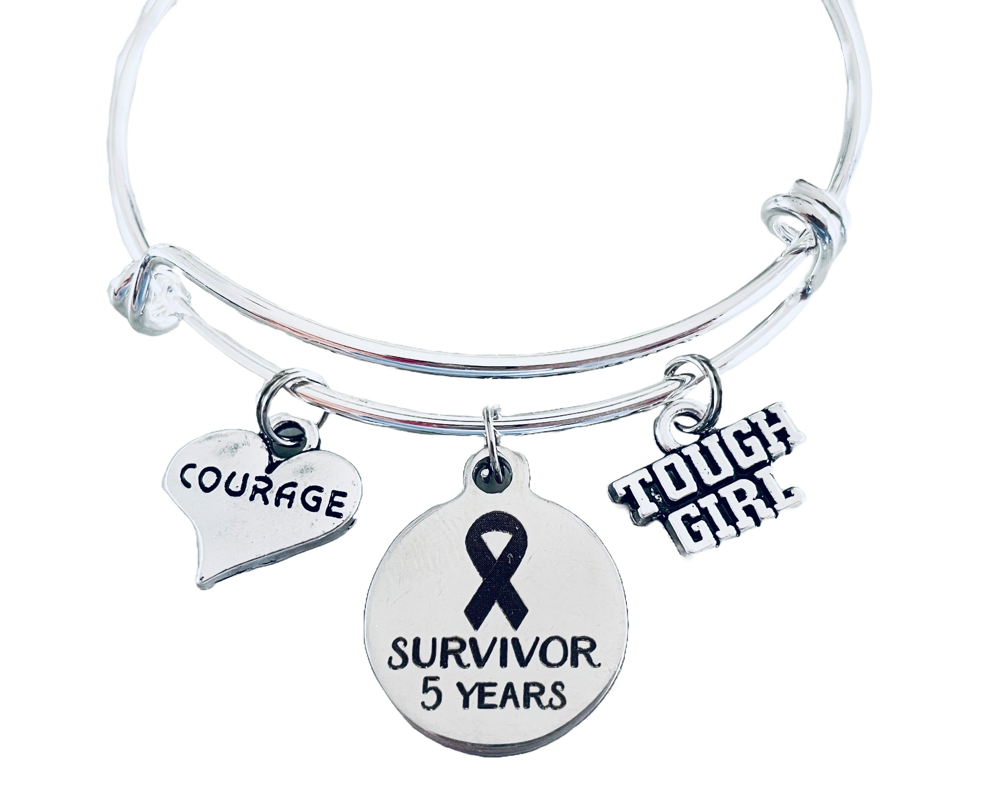 Cancer Survivor 5 Year Courage Tough Girl Expandable Silver Charm Bracelet Adjustable Bangle Gift