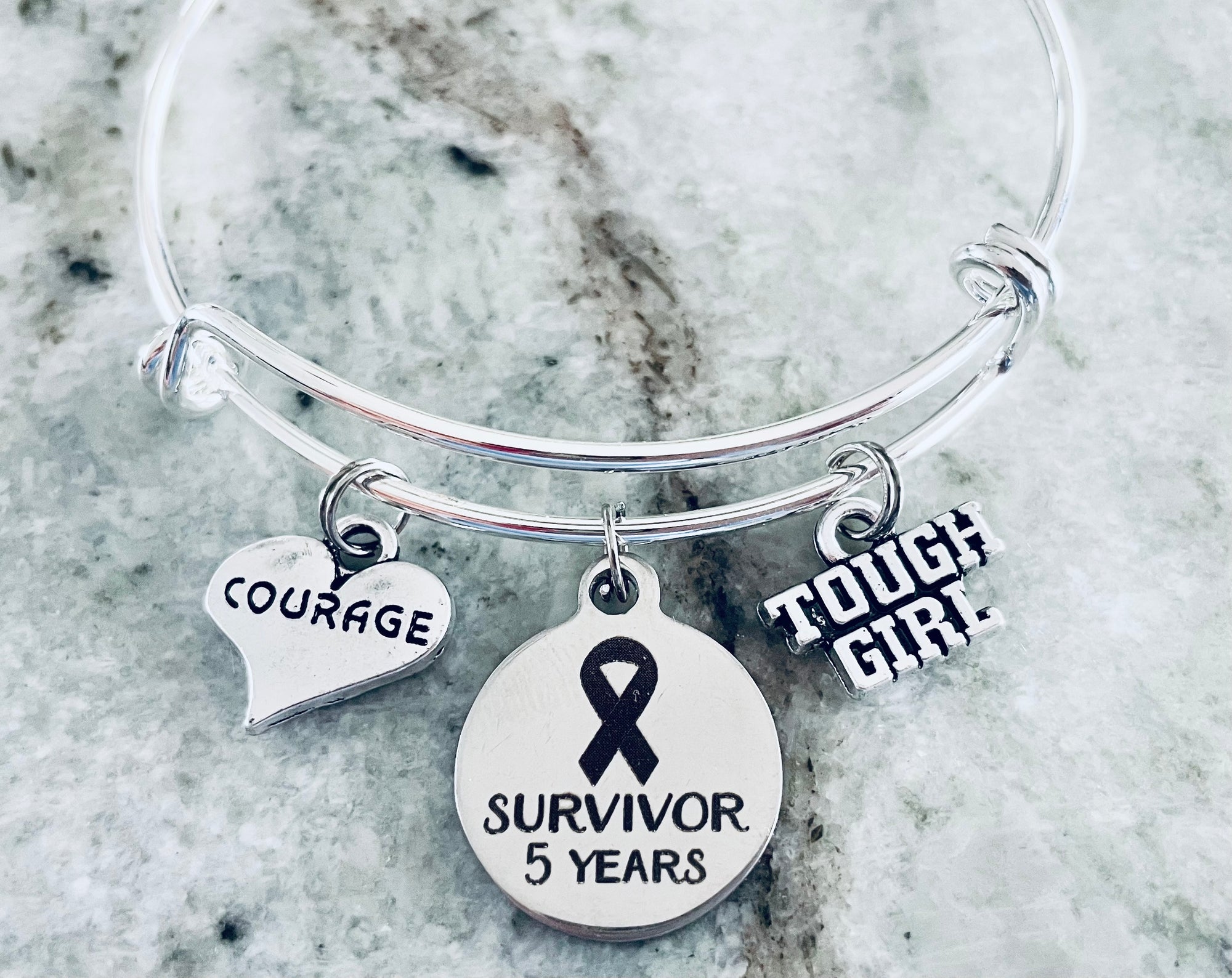 Cancer Survivor 5 Year Courage Tough Girl Expandable Silver Charm Bracelet Adjustable Bangle Gift