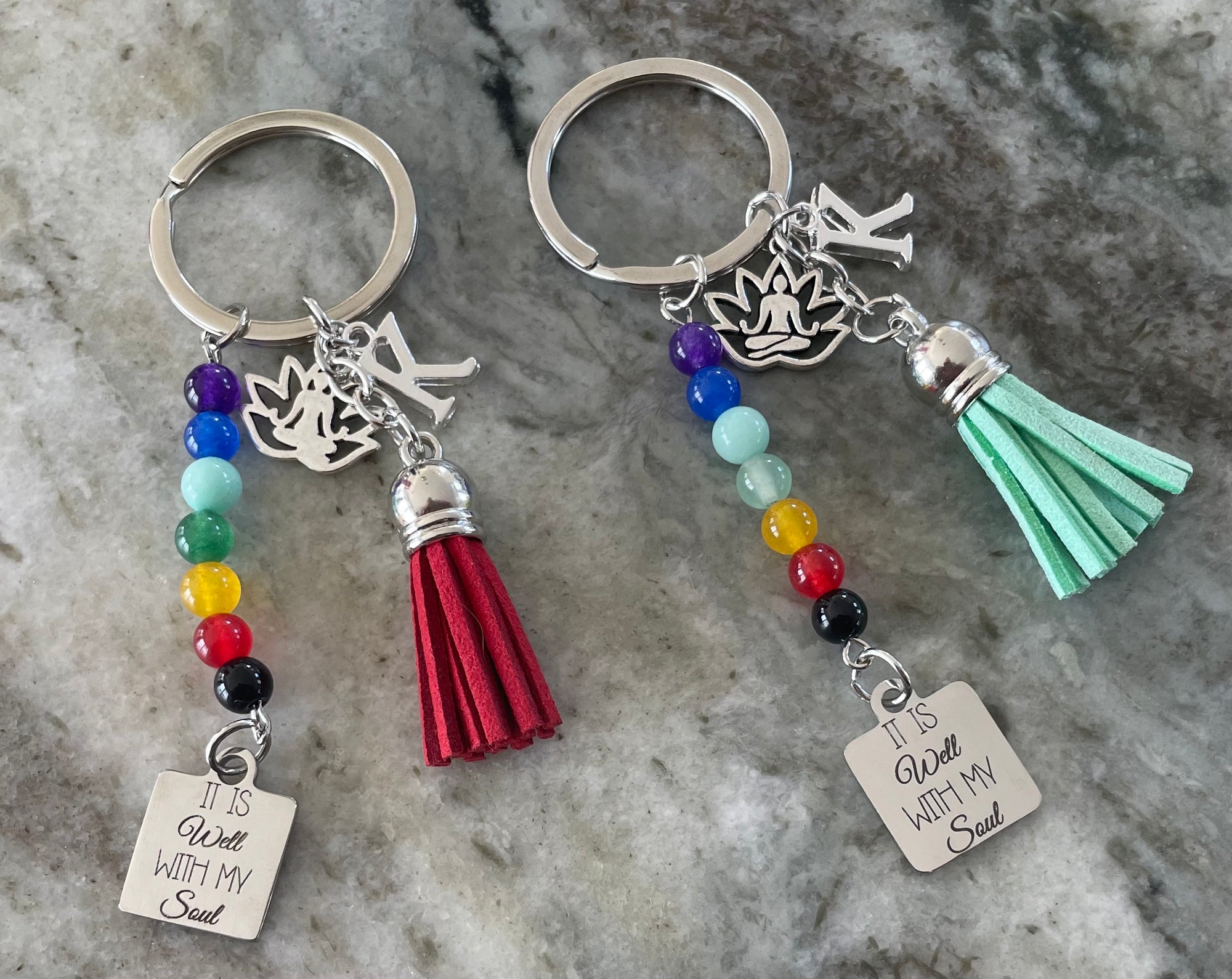 Chakra FOB KeyChain Gift Silver Key Ring Mint Green Tassel Lotus Balance Yoga
