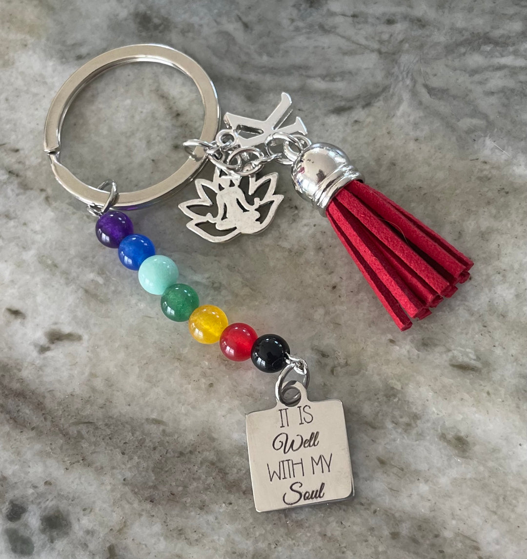 Chakra FOB KeyChain Gift Silver Key Ring Red Tassel Lotus Balance Yoga