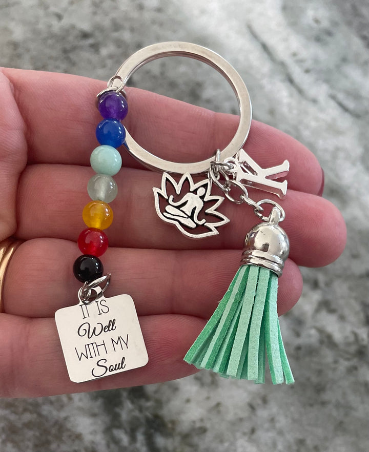 Chakra FOB KeyChain Gift Silver Key Ring Mint Green Tassel Lotus Balance Yoga