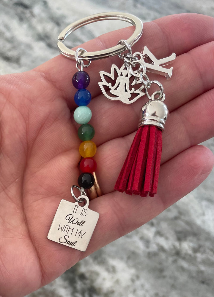 Chakra FOB KeyChain Gift Silver Key Ring Red Tassel Lotus Balance Yoga