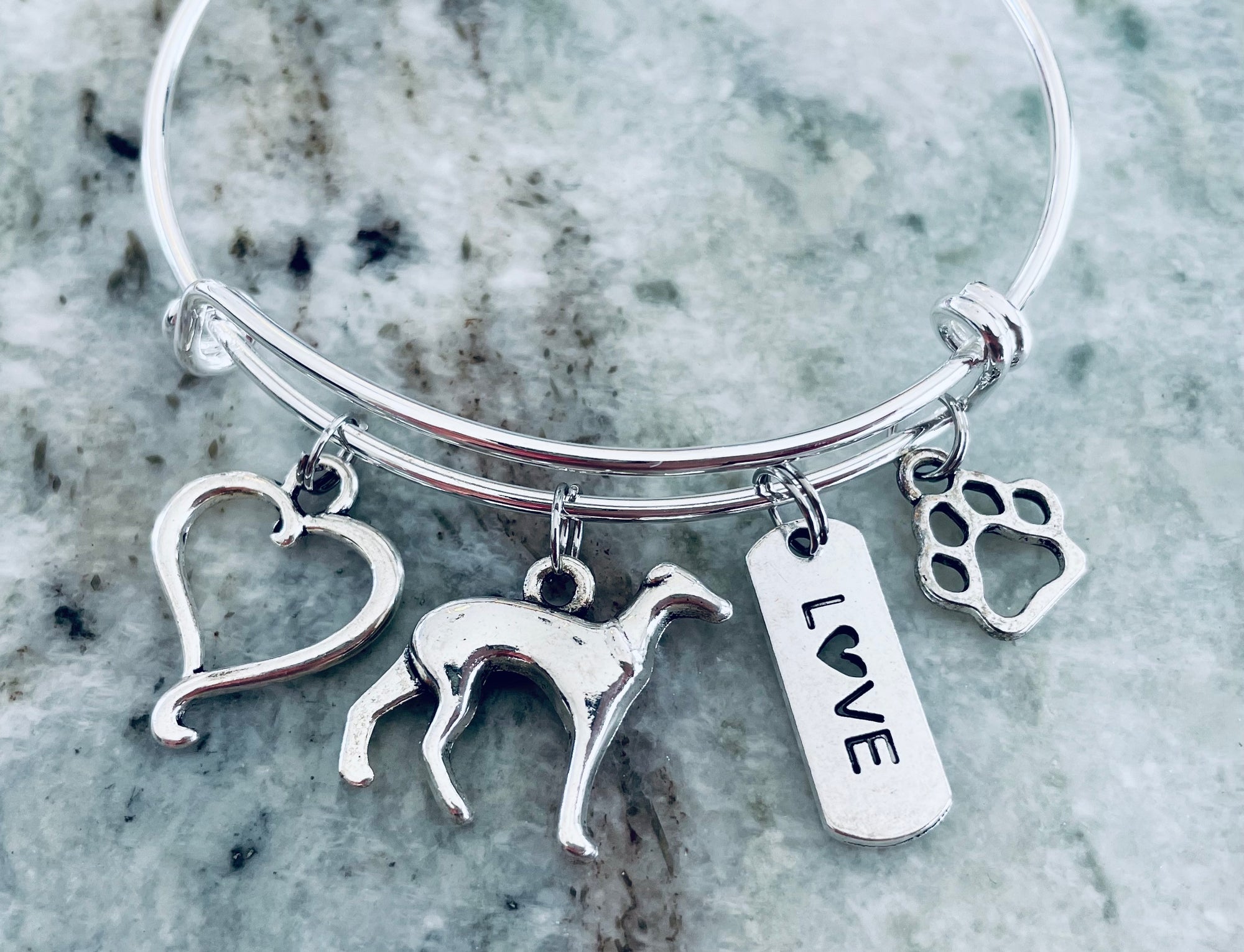 Greyhound Charm Bracelet Silver Expandable Adjustable Bangle Love Paw Print One Size Fits All Jewelry Meaningful Dog Lover Gift