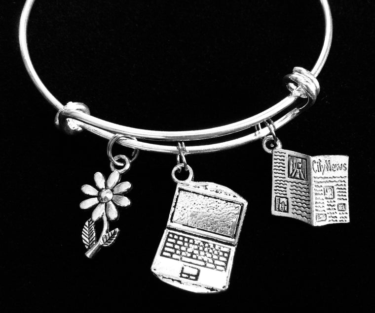 News Writer Charm Bracelet Computer, Newspaper, Daisy Silver Expandable Bangle