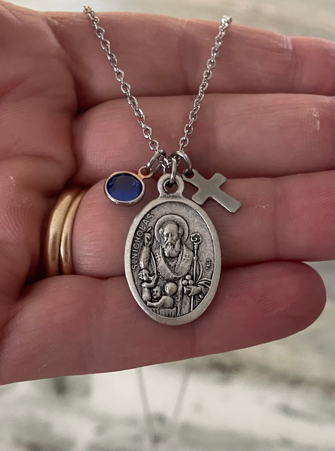 Saint Nicholas Necklace with Cross and Birthstone – Patron Saint of Children &amp; Travelers