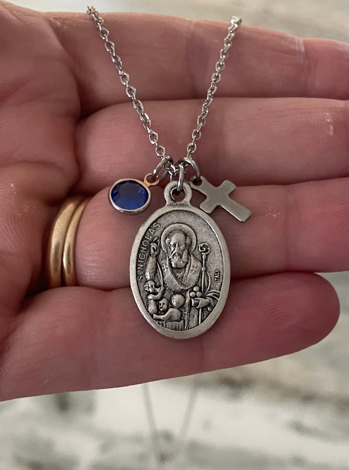 Saint Nicholas Necklace with Cross and Birthstone – Patron Saint of Children &amp; Travelers