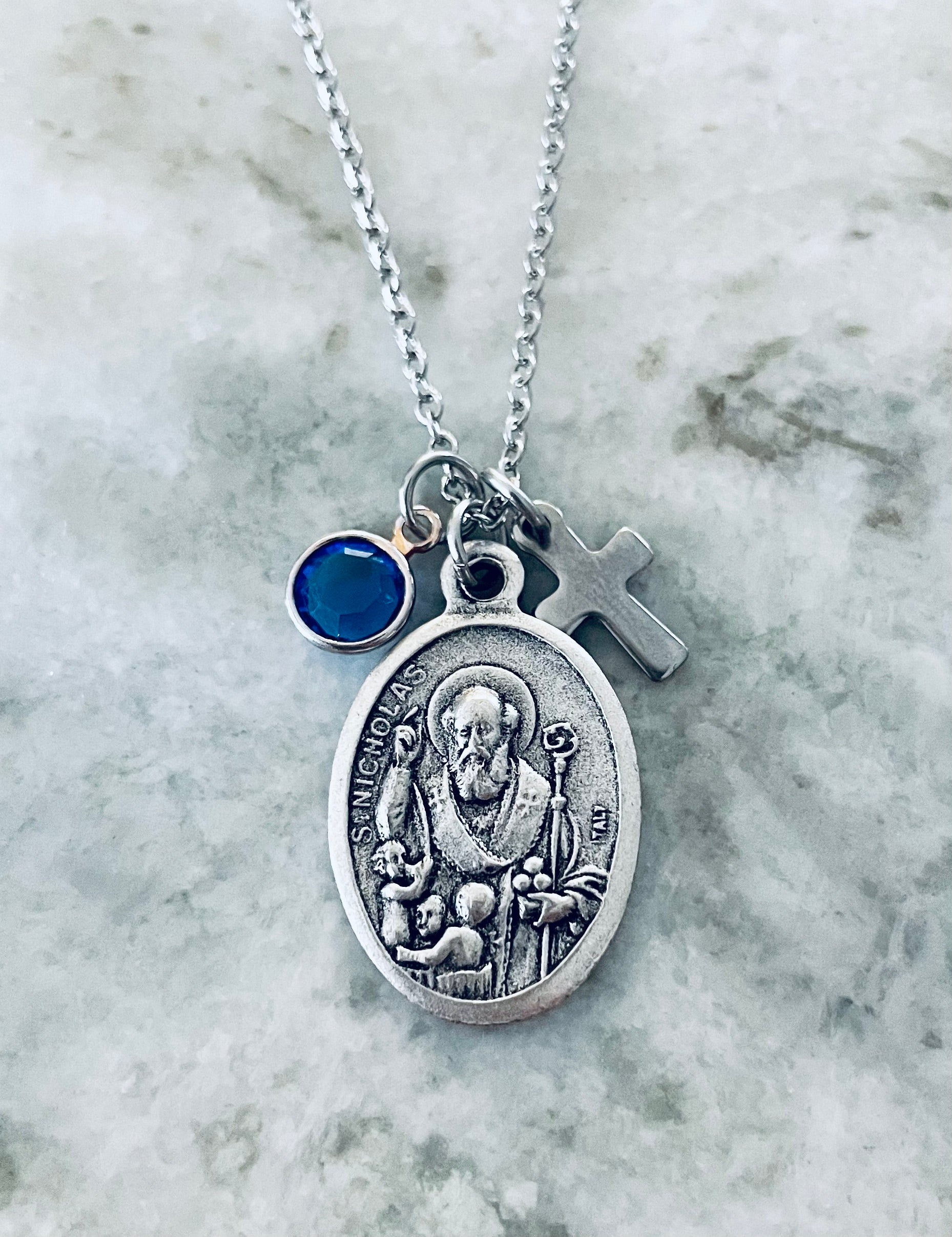 Saint Nicholas Necklace with Cross and Birthstone – Patron Saint of Children & Travelers