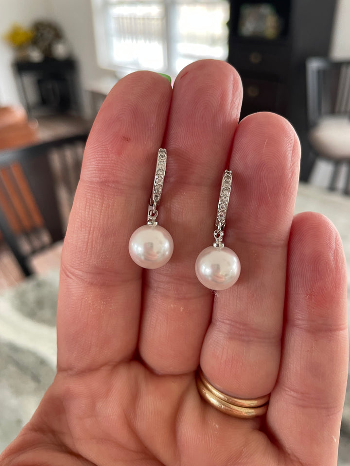 Freshwater Pearl Drop Earrings – 9mm White Pearl with CZ Accents on 925 Sterling Silver, 1 Inch Dangle
