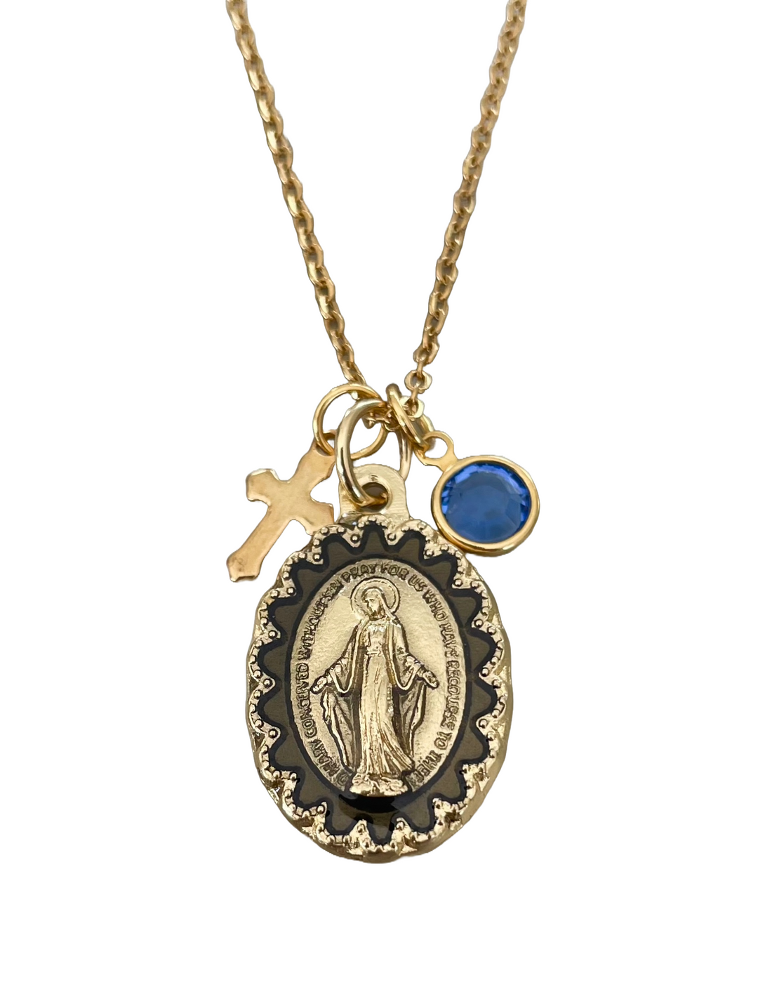 Miraculous Mary medal, Swarovski crystal birthstone, and stainless steel cross charm
