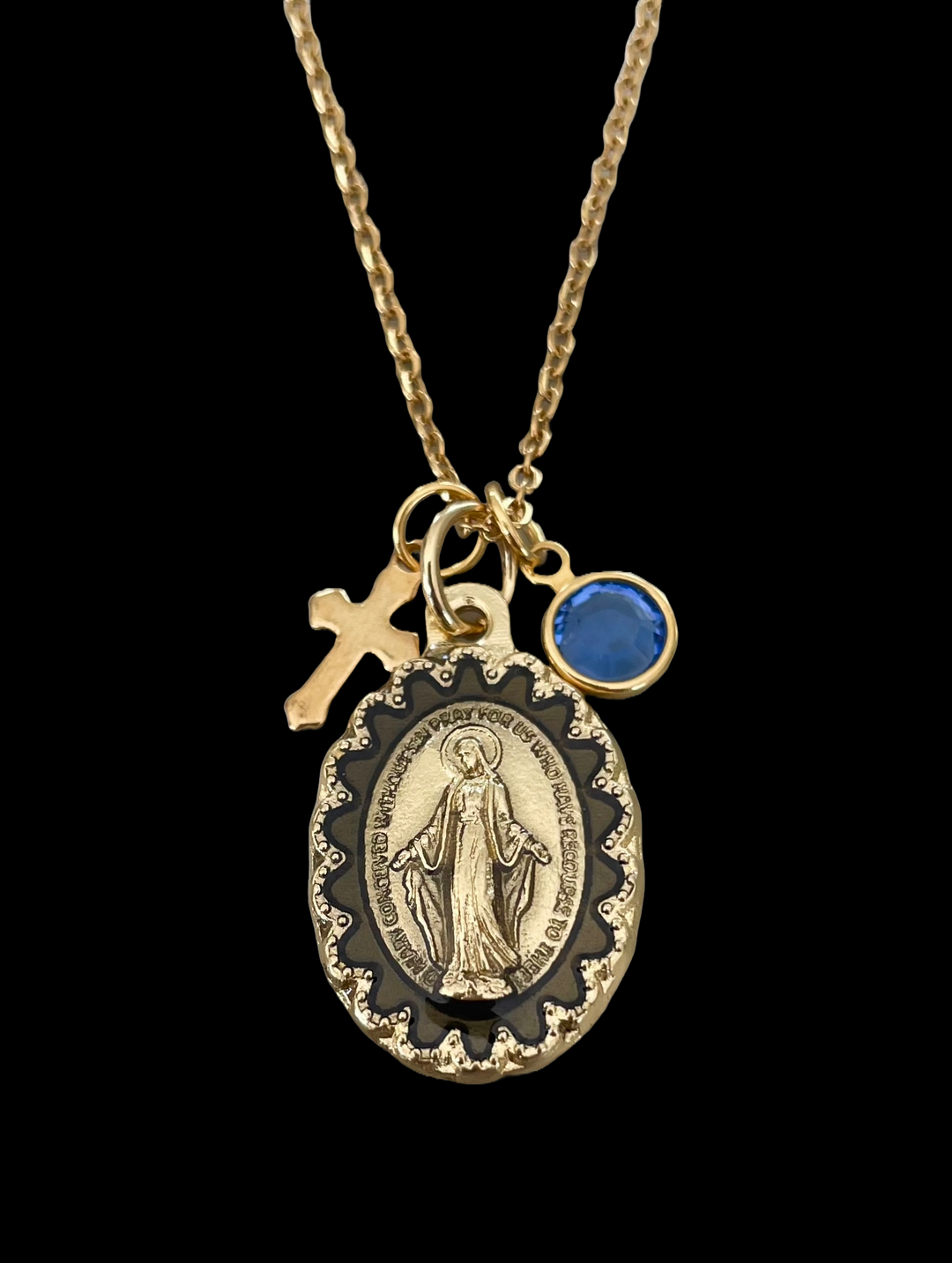 Gold-plated miraculous Mary medal necklace with stainless steel cross and Swarovski birthstone charm on gold chain
