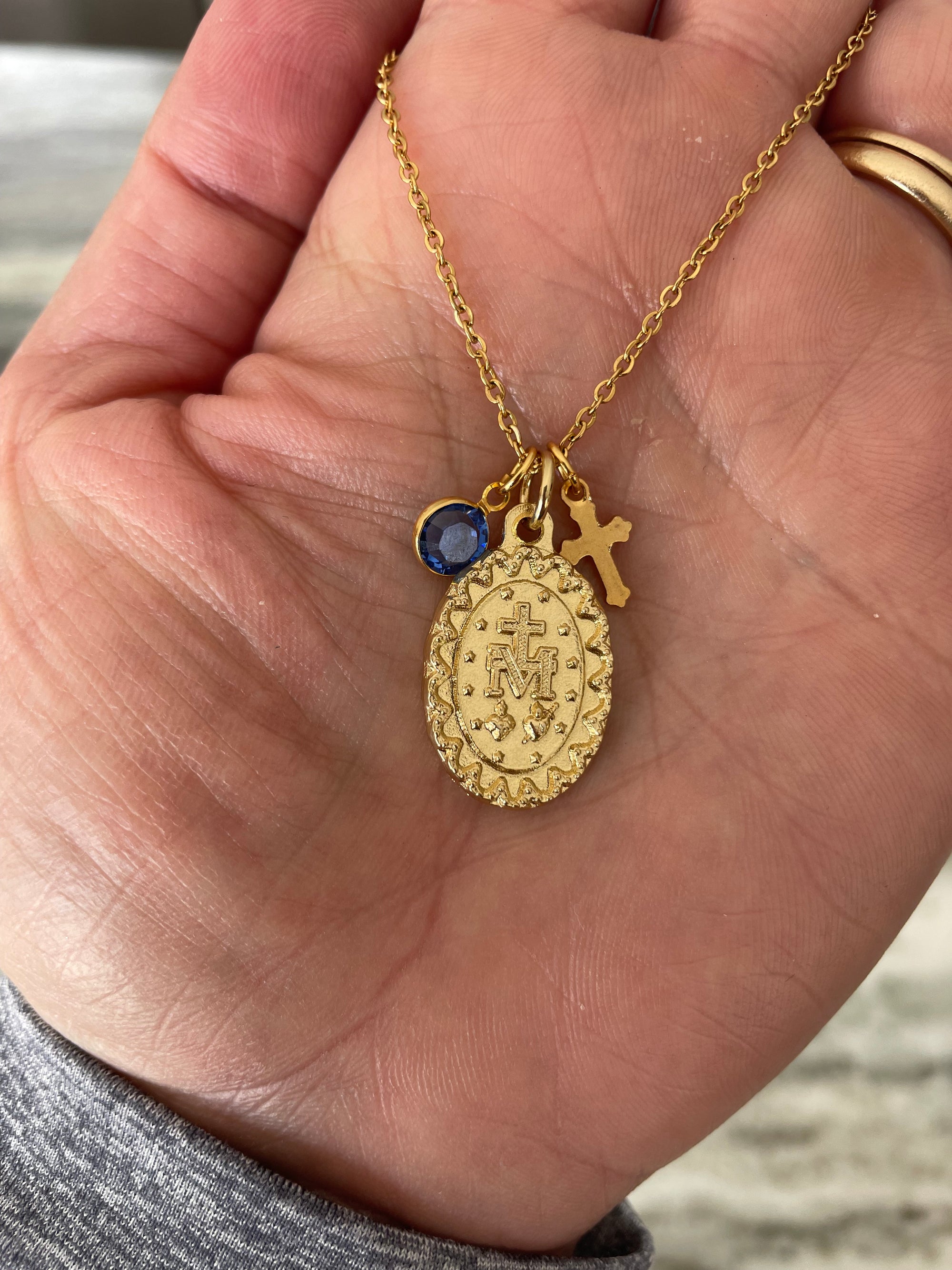 Gold Virgin Mary medal necklace with cross charm and Swarovski birthstone on gold stainless steel chain, religious jewelry for women