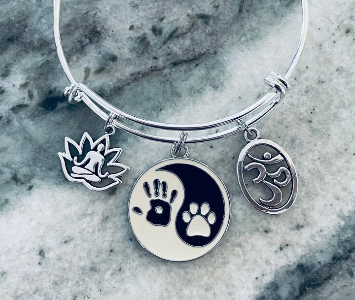 Yin Yang Symbol Paw Print Lotus Flower Om Expandable Charm Bracelet Silver Adjustable Wire Bangle One Size Fits All Gift