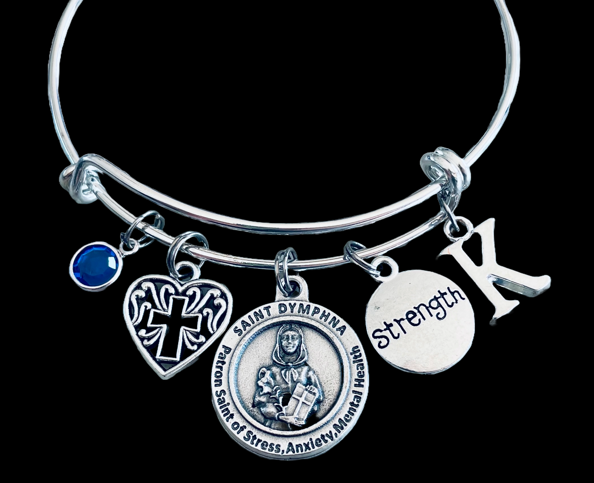 Saint Dymphna Patron Saint of Stress Silver Expandable Bangle Double Sided Adjustable Bracelet