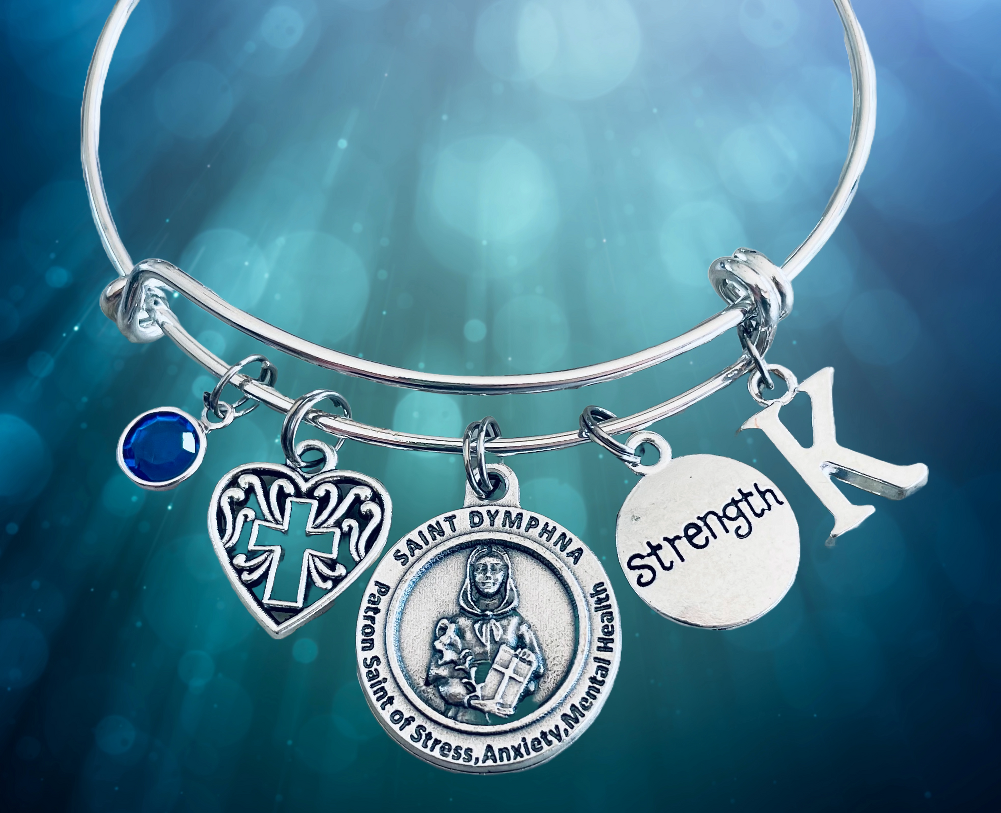 Saint Dymphna Patron Saint of Stress Silver Expandable Bangle Double Sided Adjustable Bracelet