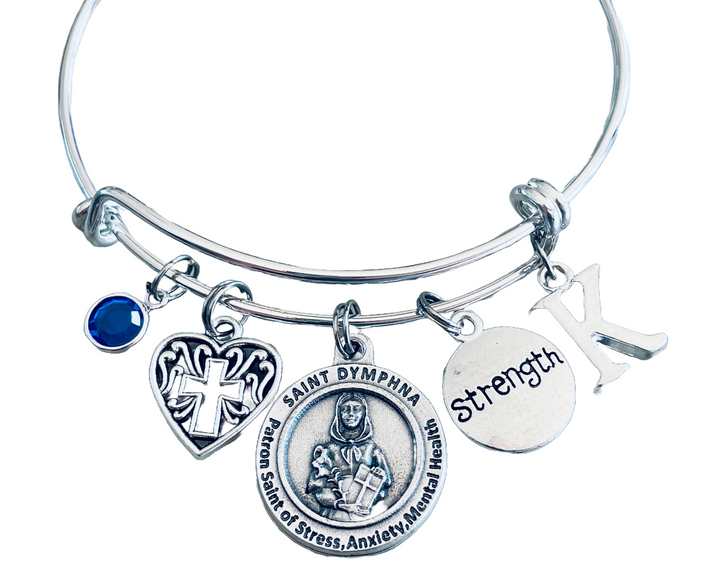 Saint Dymphna Patron Saint of Stress Silver Expandable Bangle Double Sided Adjustable Bracelet