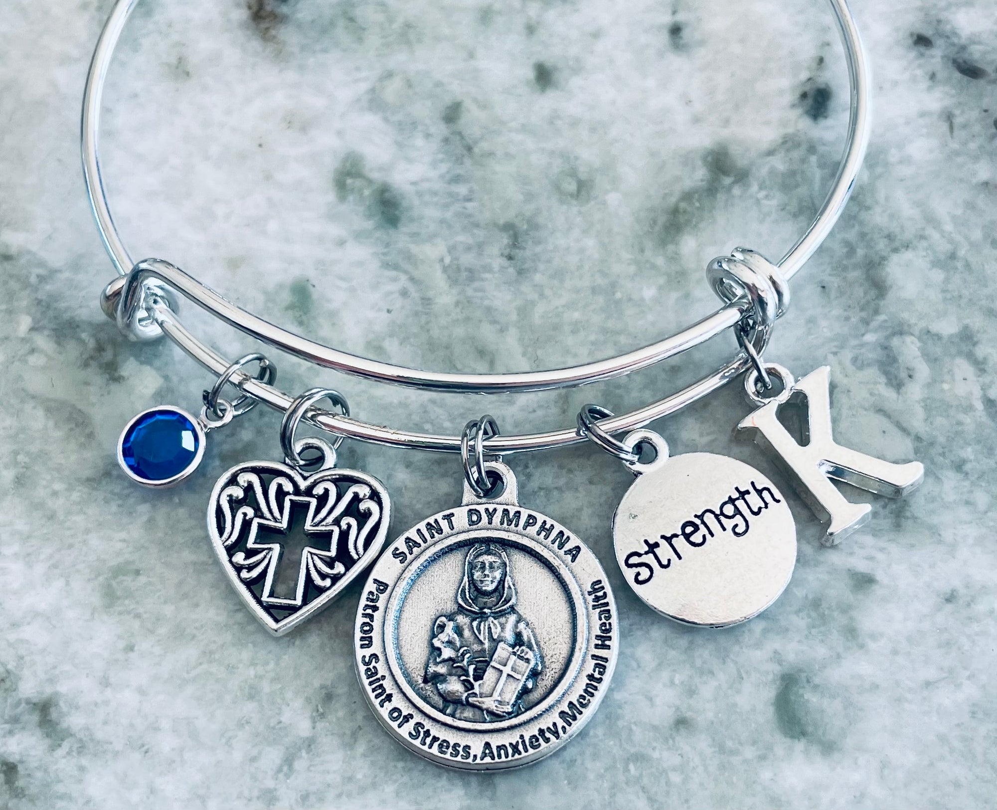 Saint Dymphna Patron Saint of Stress Silver Expandable Bangle Double Sided Adjustable Bracelet