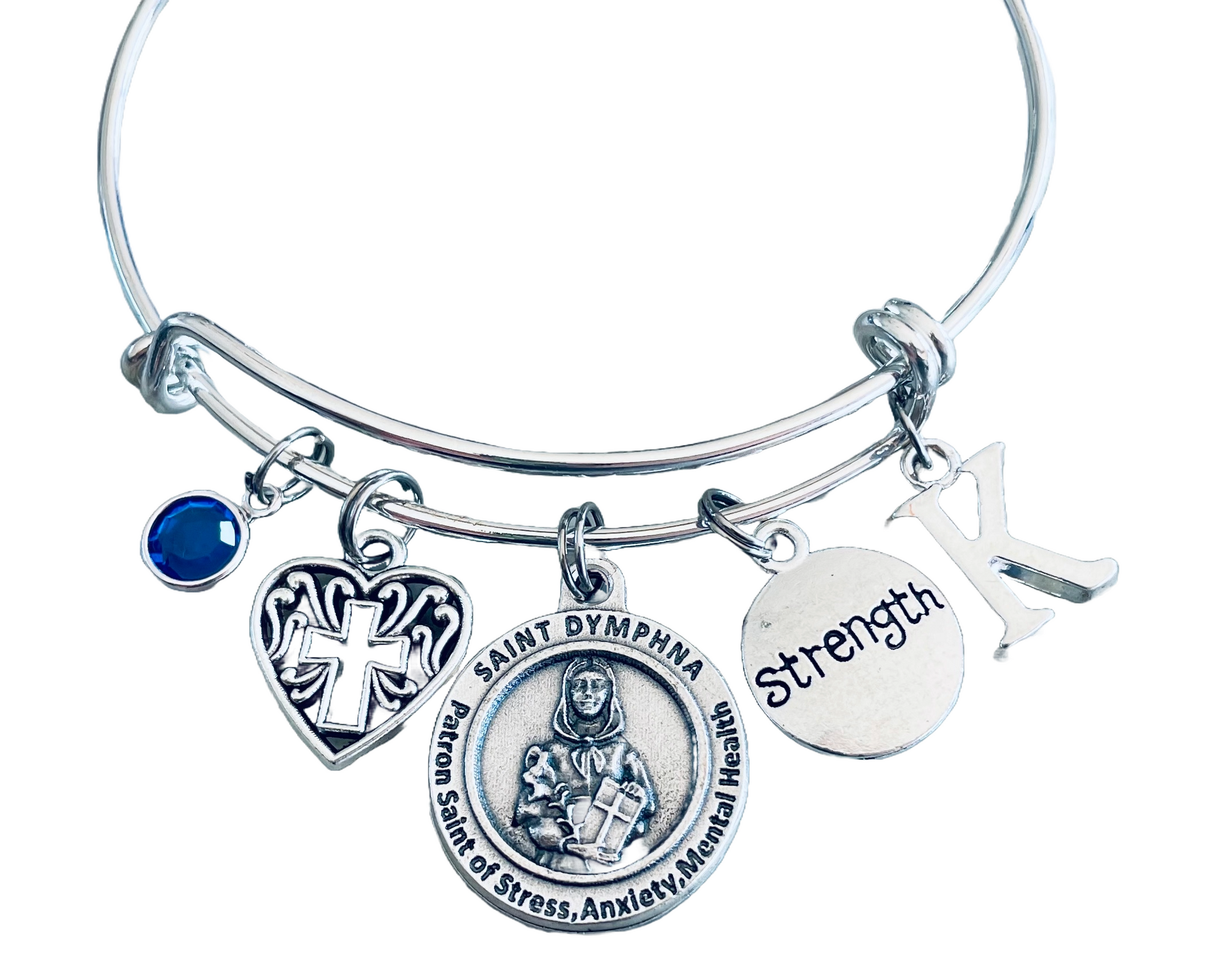 Saint Dymphna Patron Saint of Stress Silver Expandable Bangle Double Sided Adjustable Bracelet