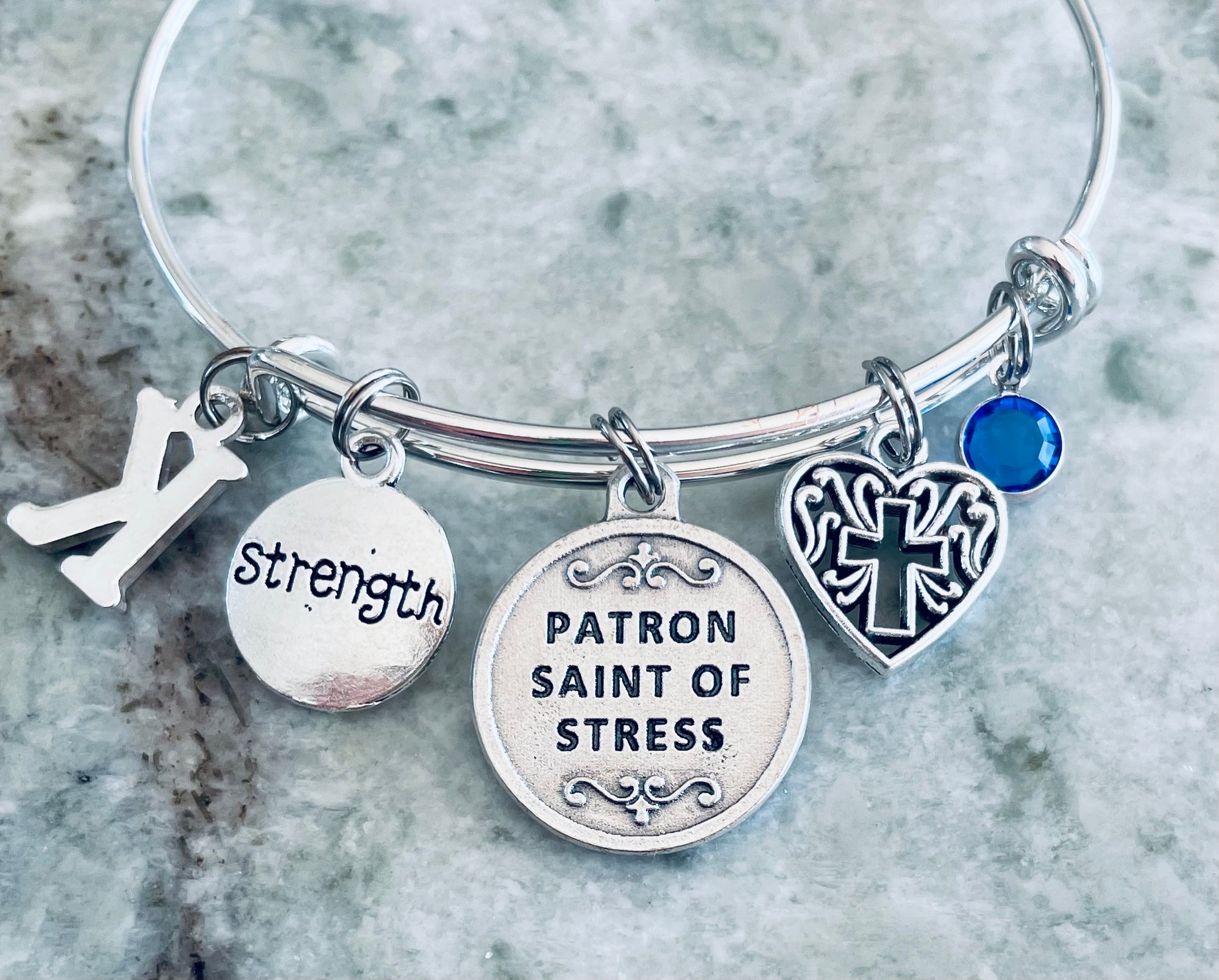 Saint Dymphna Patron Saint of Stress Silver Expandable Bangle Double Sided Adjustable Bracelet