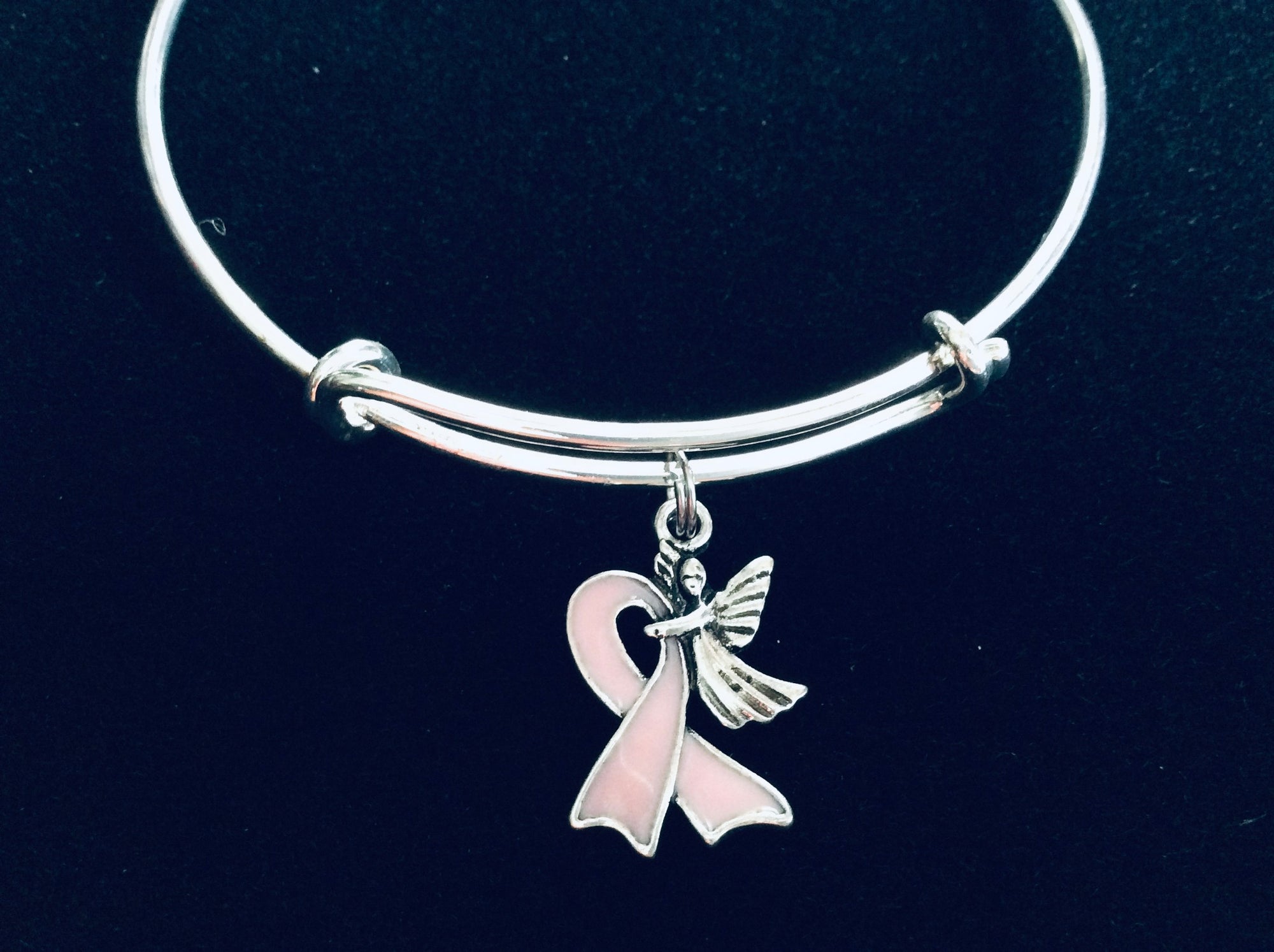 Guardian Angel Awareness Ribbon Bracelet – Adjustable Silver Bangle with Pink Charm for Breast Cancer Support