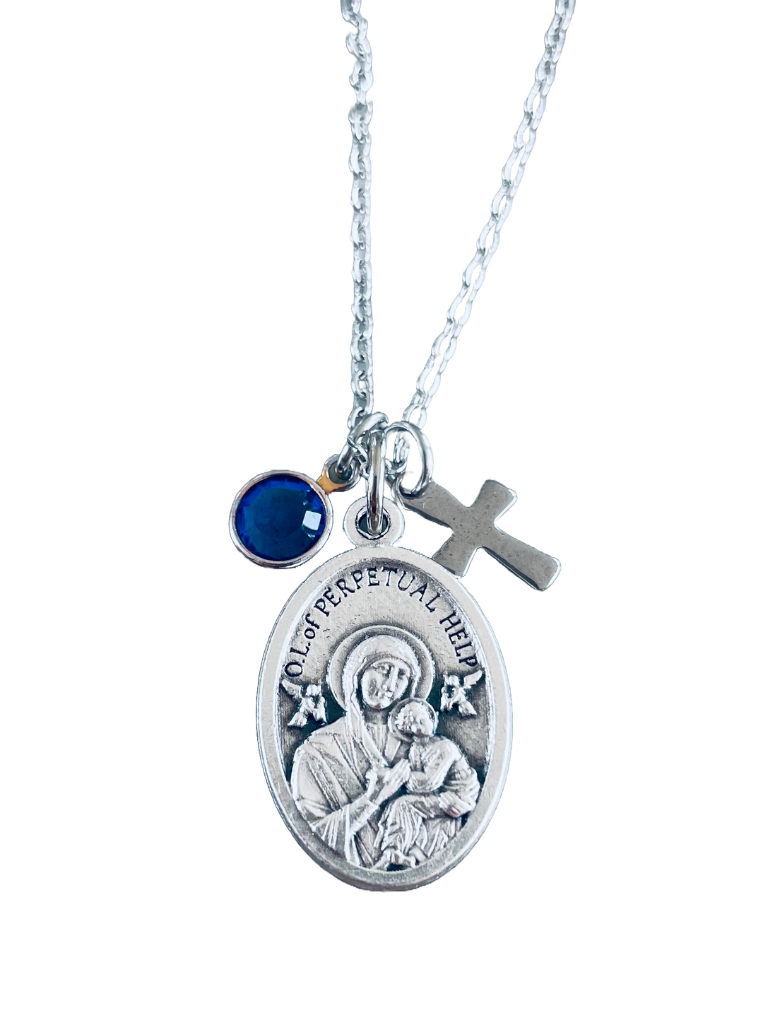 Our Lady of Perpetual Help Necklace – Catholic Medal with Cross &amp; Birthstone – Italian Silver Religious Pendant – Personalized Catholic Gift