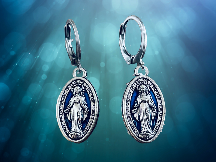 Miraculous Mary dangle earrings with silver-tone finish and blue enamel 