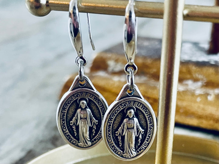 Miraculous Mary Earrings – Silver Dangle Earrings – Italian Oxidized Medal with Sterling Silver Hooks – Catholic Jewelry Gift