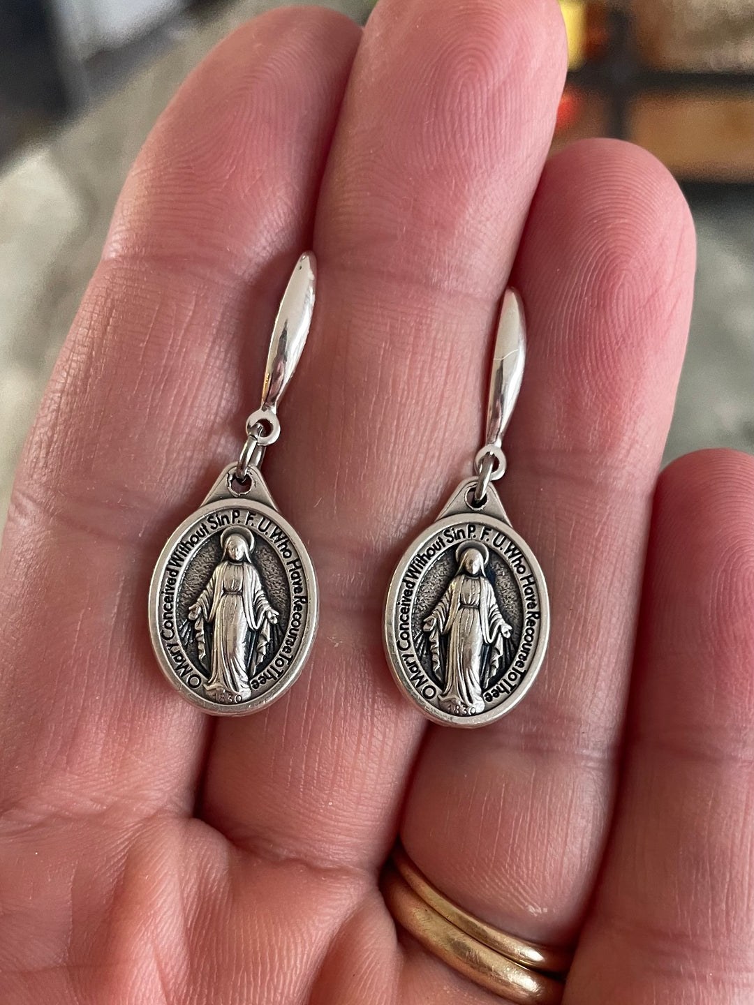 Miraculous Mary Earrings – Silver Dangle Earrings – Italian Oxidized Medal with Sterling Silver Hooks – Catholic Jewelry Gift