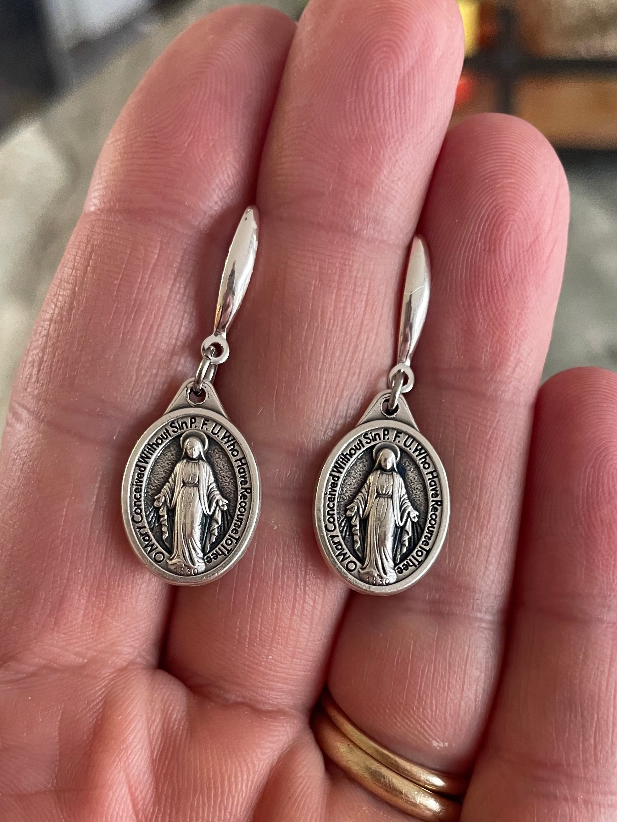 Miraculous Mary Earrings – Silver Dangle Earrings – Italian Oxidized Medal with Sterling Silver Hooks – Catholic Jewelry Gift
