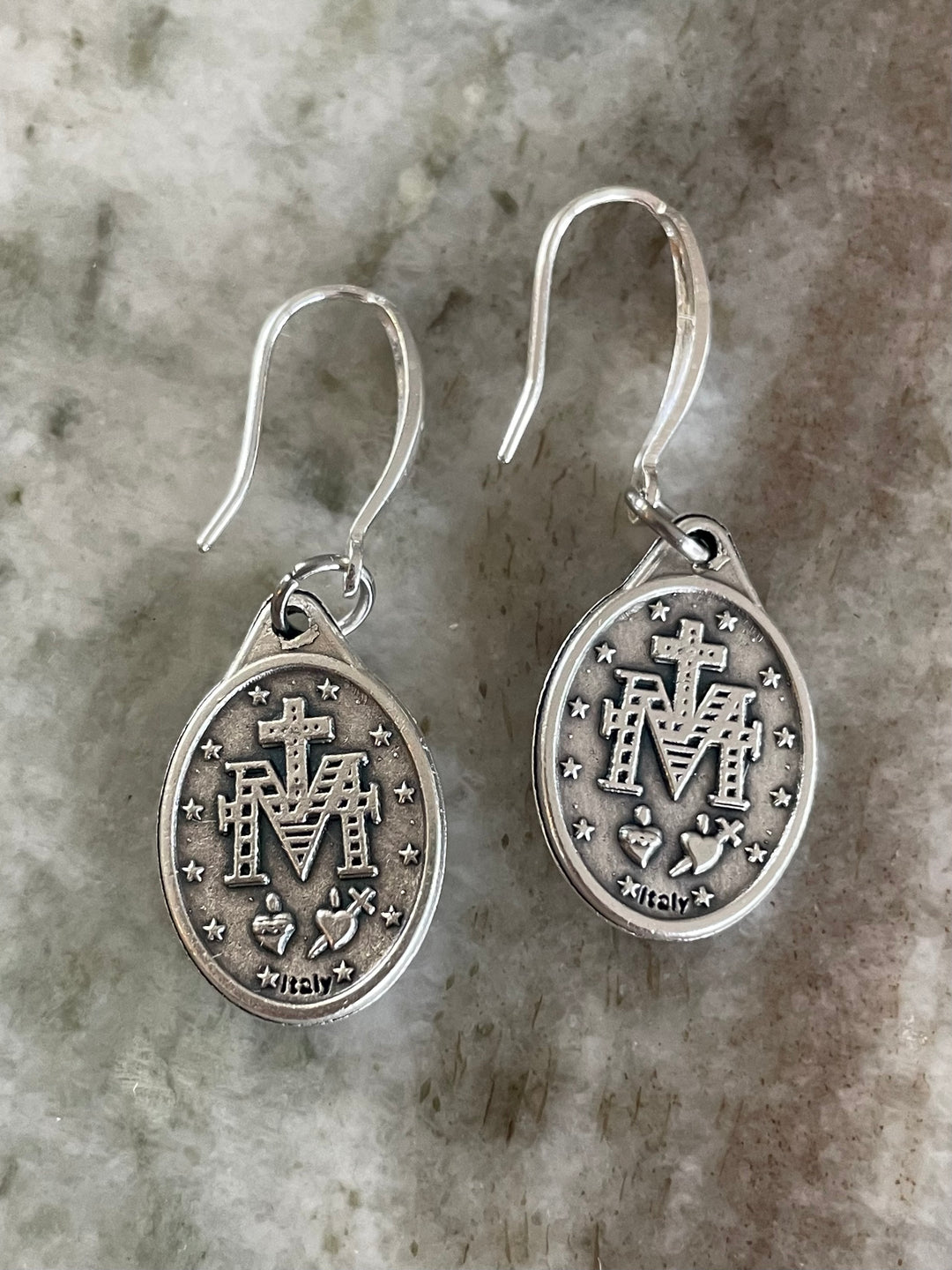 Miraculous Mary Earrings – Silver Dangle Earrings – Italian Oxidized Medal with Sterling Silver Hooks – Catholic Jewelry Gift