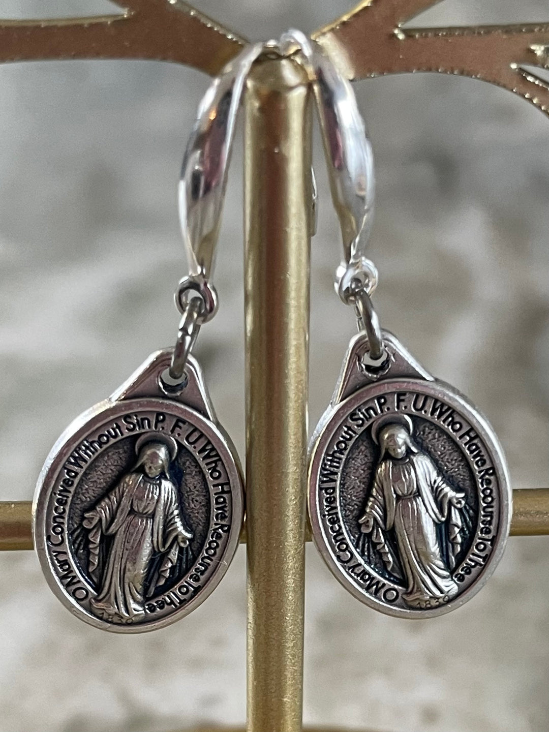 Miraculous Mary Earrings – Silver Dangle Earrings – Italian Oxidized Medal with Sterling Silver Hooks – Catholic Jewelry Gift
