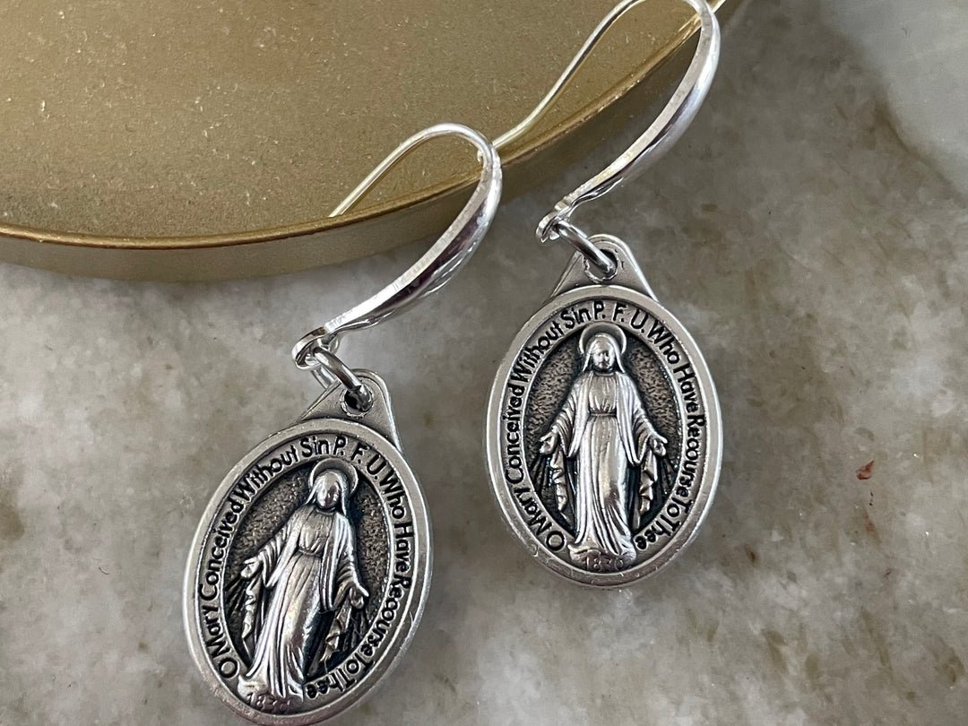 Miraculous Mary Earrings – Silver Dangle Earrings – Italian Oxidized Medal with Sterling Silver Hooks – Catholic Jewelry Gift
