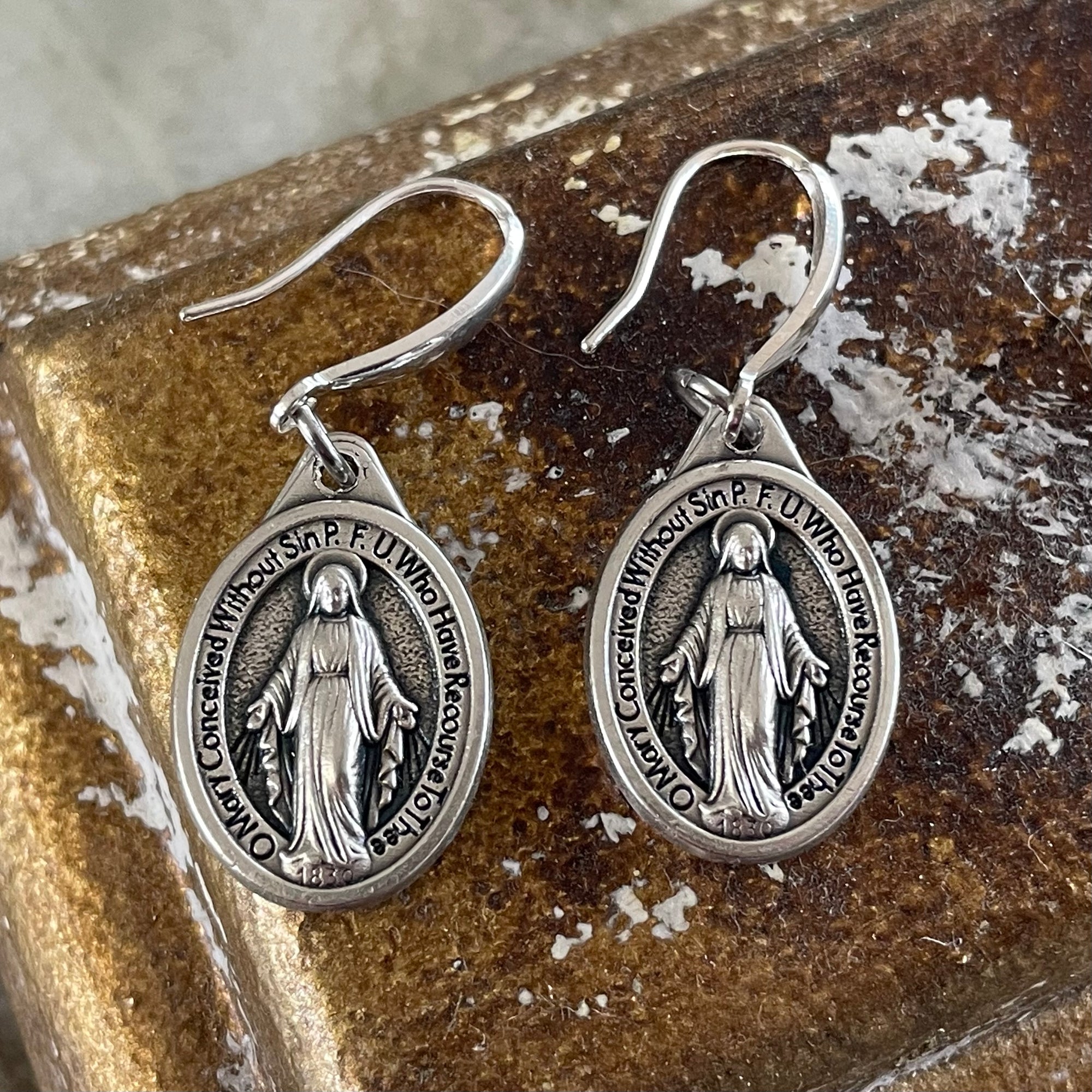 Miraculous Mary Earrings – Silver Dangle Earrings – Italian Oxidized Medal with Sterling Silver Hooks – Catholic Jewelry Gift