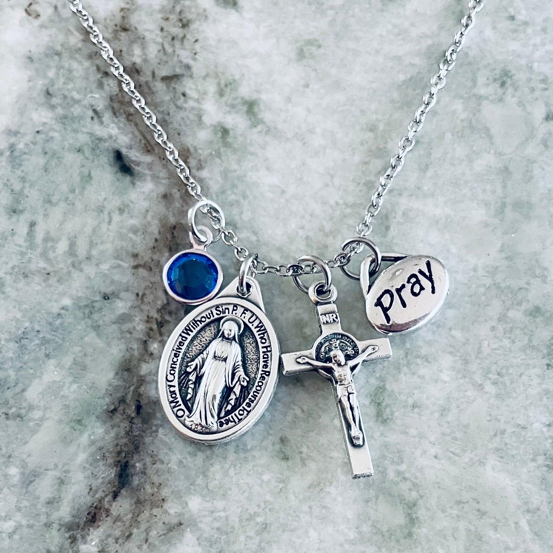 Miraculous Mary Religious Charm Necklace, Mother Mary Medal with Crucifix, Custom Personalized Silver Prayer Charm