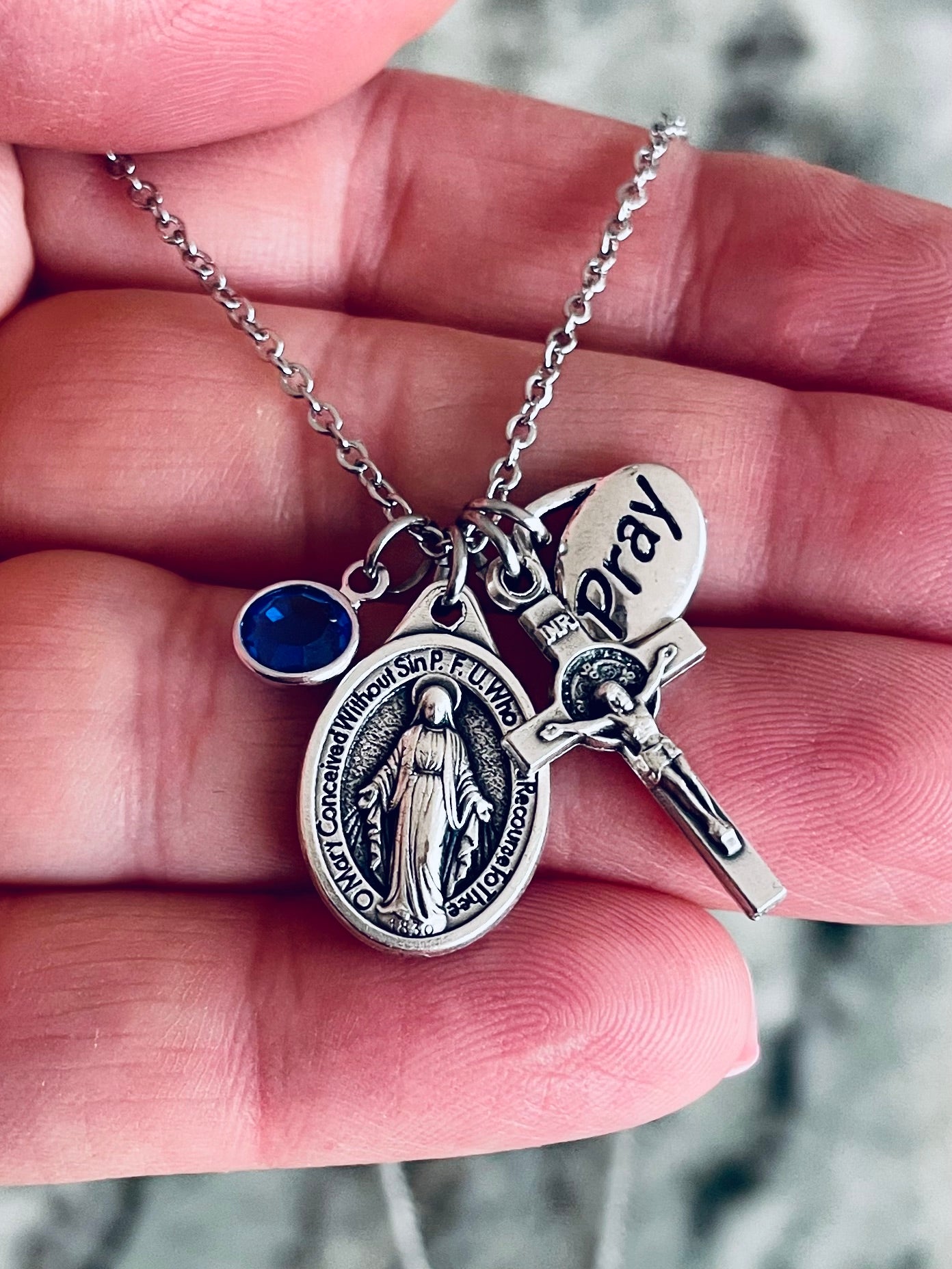 Miraculous Mary Religious Charm Necklace, Mother Mary Medal with Crucifix, Custom Personalized Silver Prayer Charm