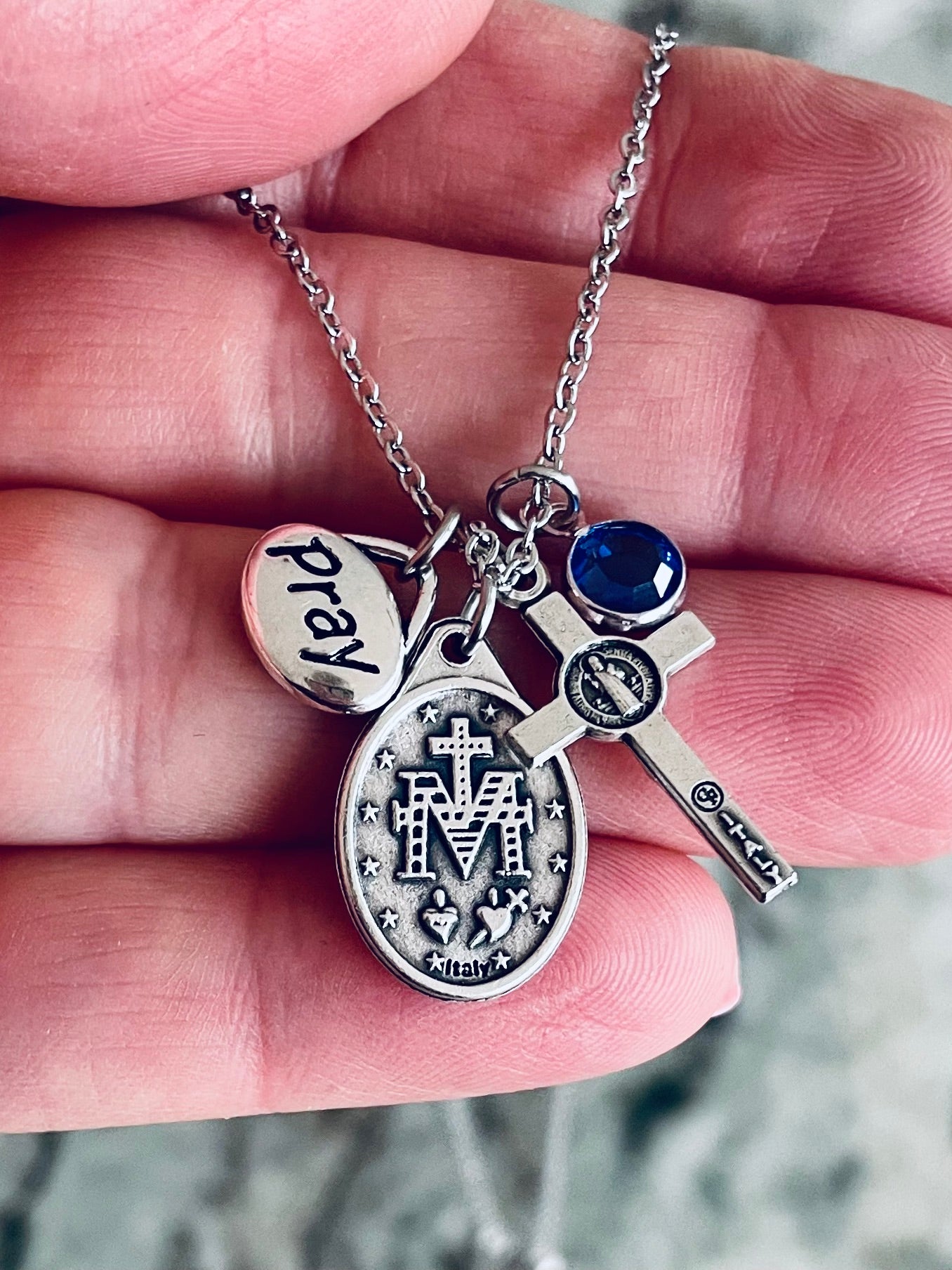 Miraculous Mary Religious Charm Necklace, Mother Mary Medal with Crucifix, Custom Personalized Silver Prayer Charm