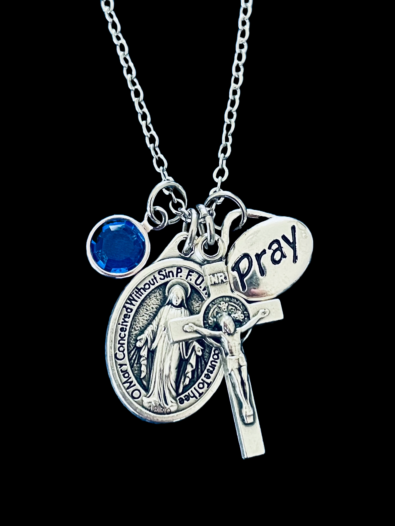 Miraculous Mary Religious Charm Necklace, Mother Mary Medal with Crucifix, Custom Personalized Silver Prayer Charm