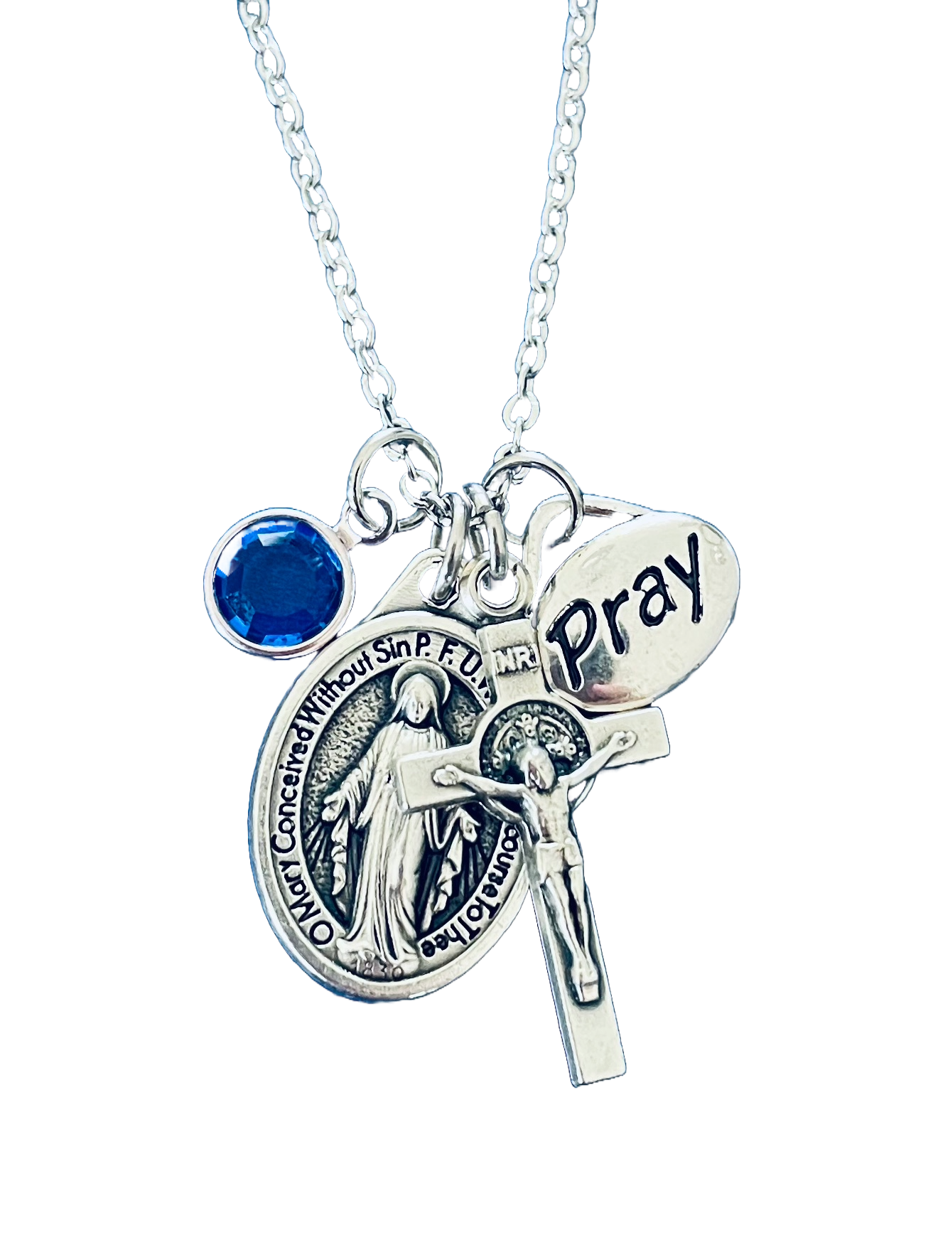 Miraculous Mary Religious Charm Necklace, Mother Mary Medal with Crucifix, Custom Personalized Silver Prayer Charm