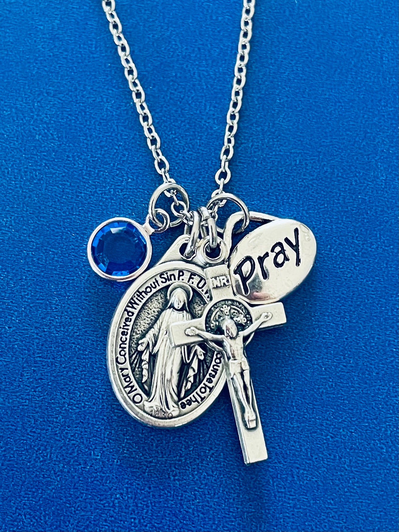 Miraculous Mary Religious Charm Necklace, Mother Mary Medal with Crucifix, Custom Personalized Silver Prayer Charm