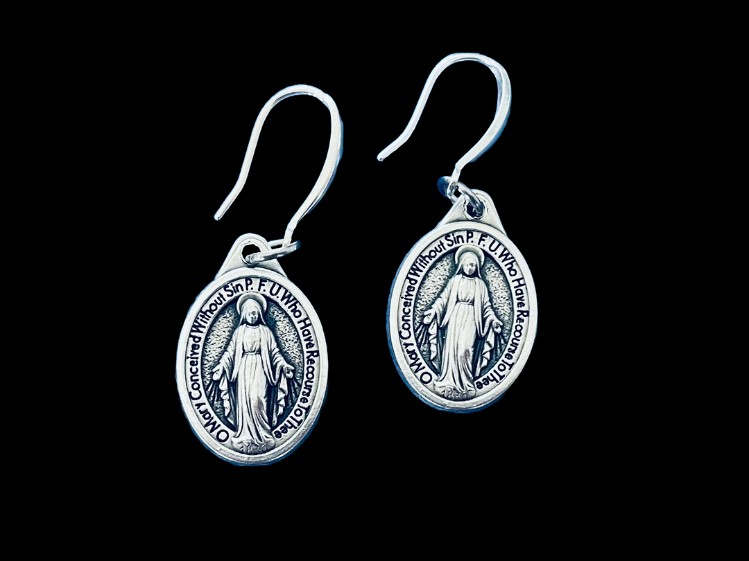 ilver dangle earrings featuring the Miraculous Mary Medal 