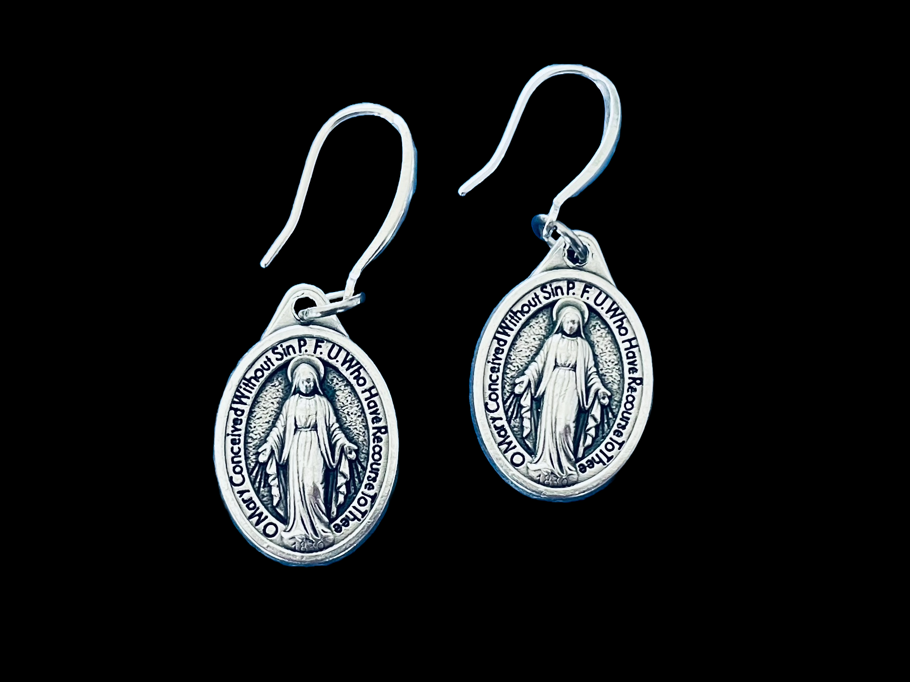 ilver dangle earrings featuring the Miraculous Mary Medal 