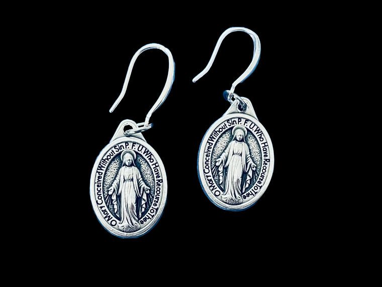Miraculous Mary Earrings Silver Dangle Earrings, Oxidized Silver Mary Medal, Small Delicate Miraculous Mary Jewelry