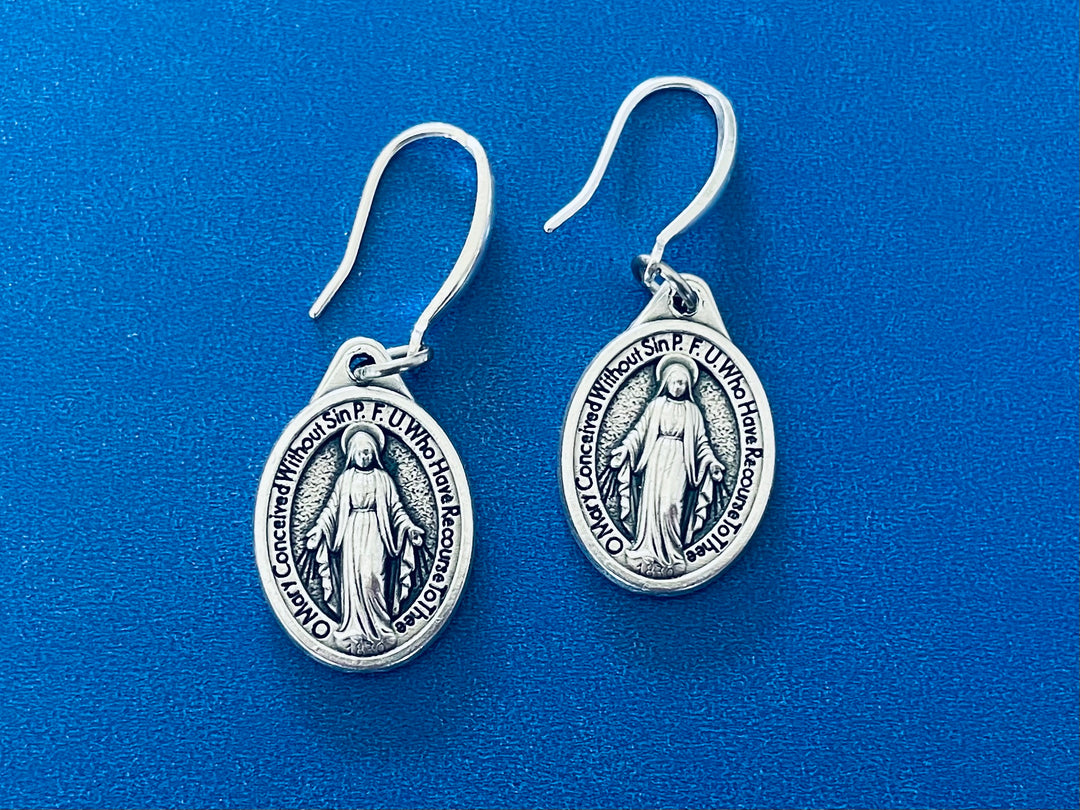 Miraculous Mary Earrings – Silver Dangle Earrings – Italian Oxidized Medal with Sterling Silver Hooks – Catholic Jewelry Gift