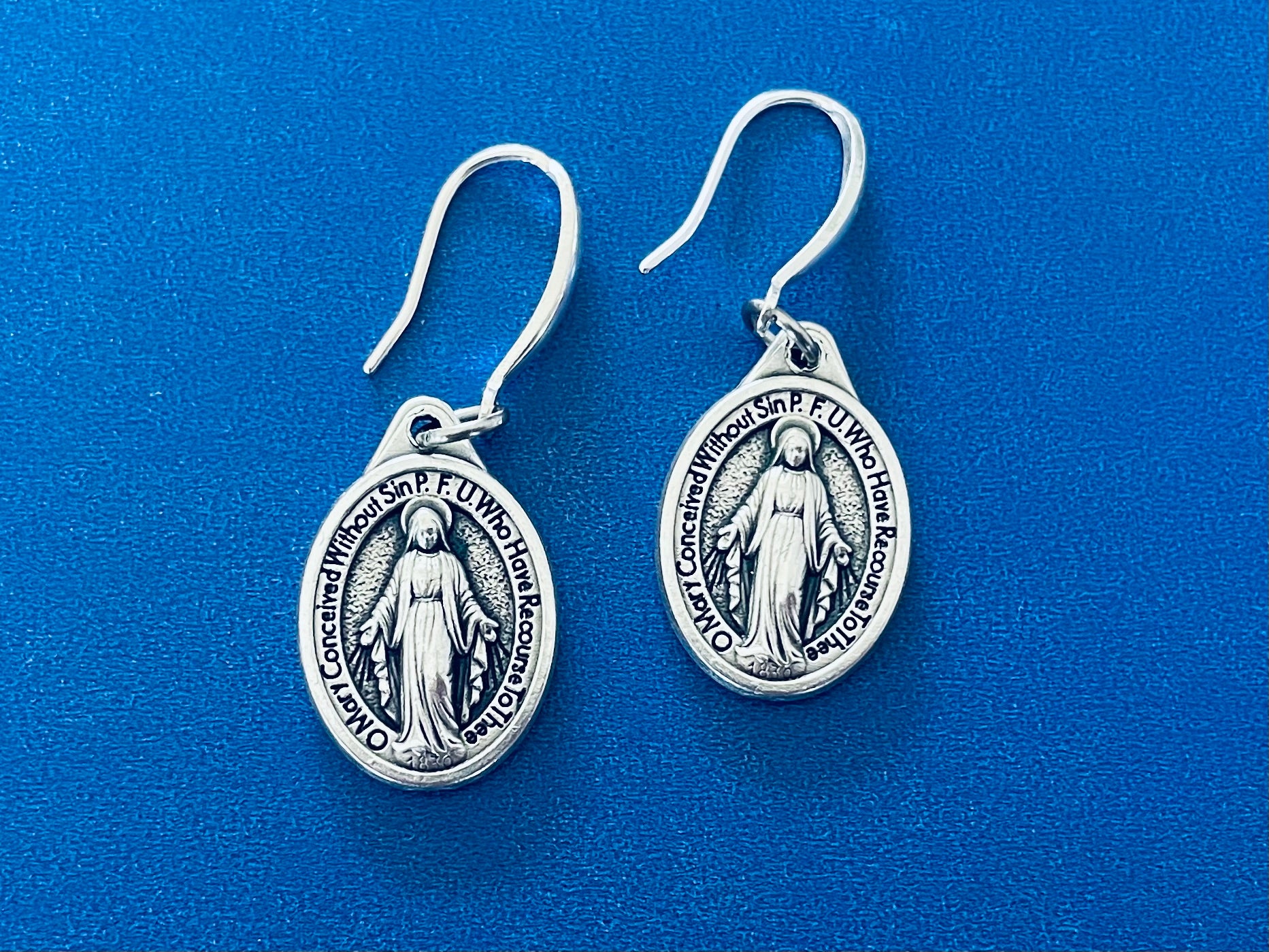 Miraculous Mary Earrings – Silver Dangle Earrings – Italian Oxidized Medal with Sterling Silver Hooks – Catholic Jewelry Gift