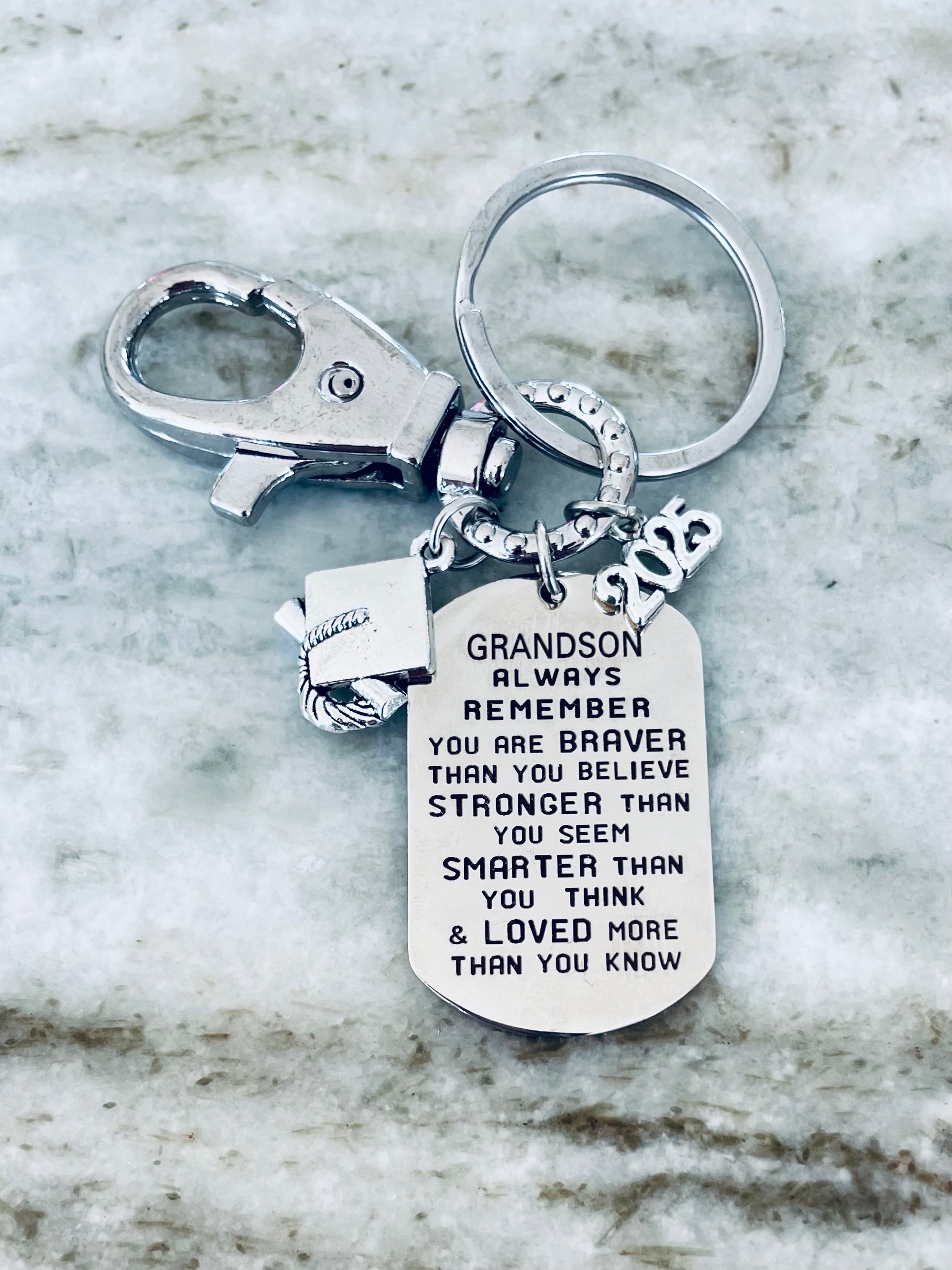 Grandson Graduation Gift Remember Stronger Smarter Loved Key FOB Silver Key Ring Inspirational Key Chain