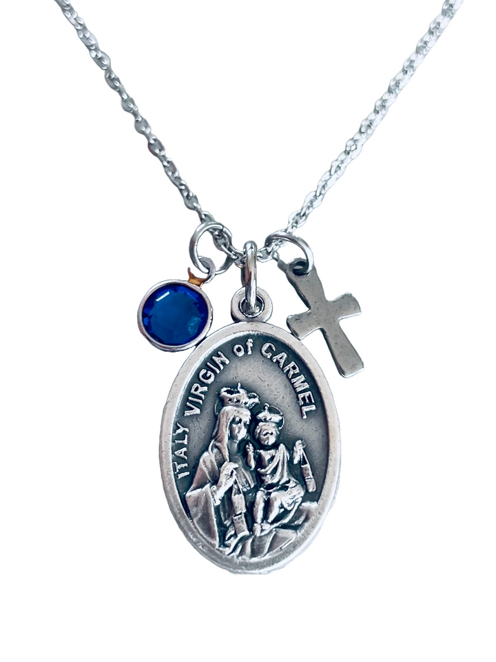 Virgin of Carmel Necklace – Our Lady of Mount Carmel Medal with Cross &amp; Birthstone – Catholic Religious Jewelry Gift