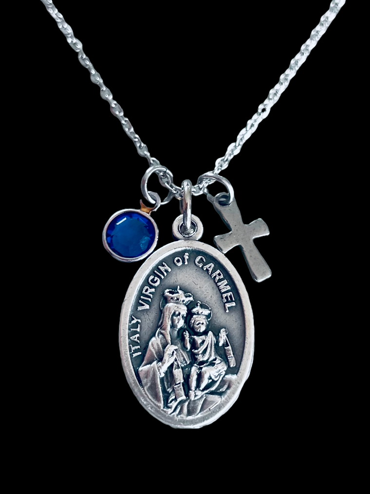 Virgin of Carmel Necklace, Religious Necklace Medal with Cross and Birthstone, Our Lady of Mount Carmel Jewelry