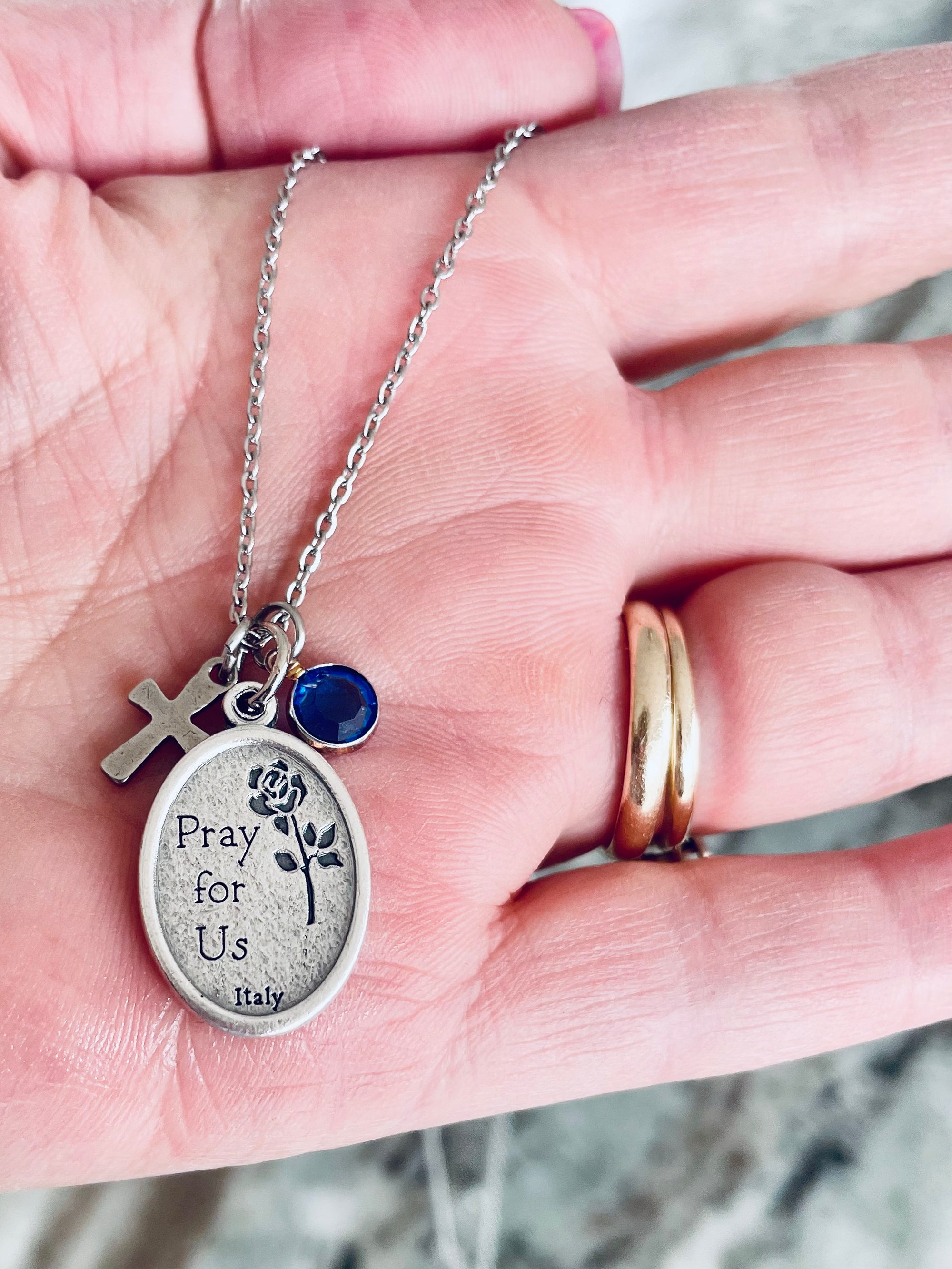 Virgin of Carmel Necklace – Our Lady of Mount Carmel Medal with Cross & Birthstone – Catholic Religious Jewelry Gift