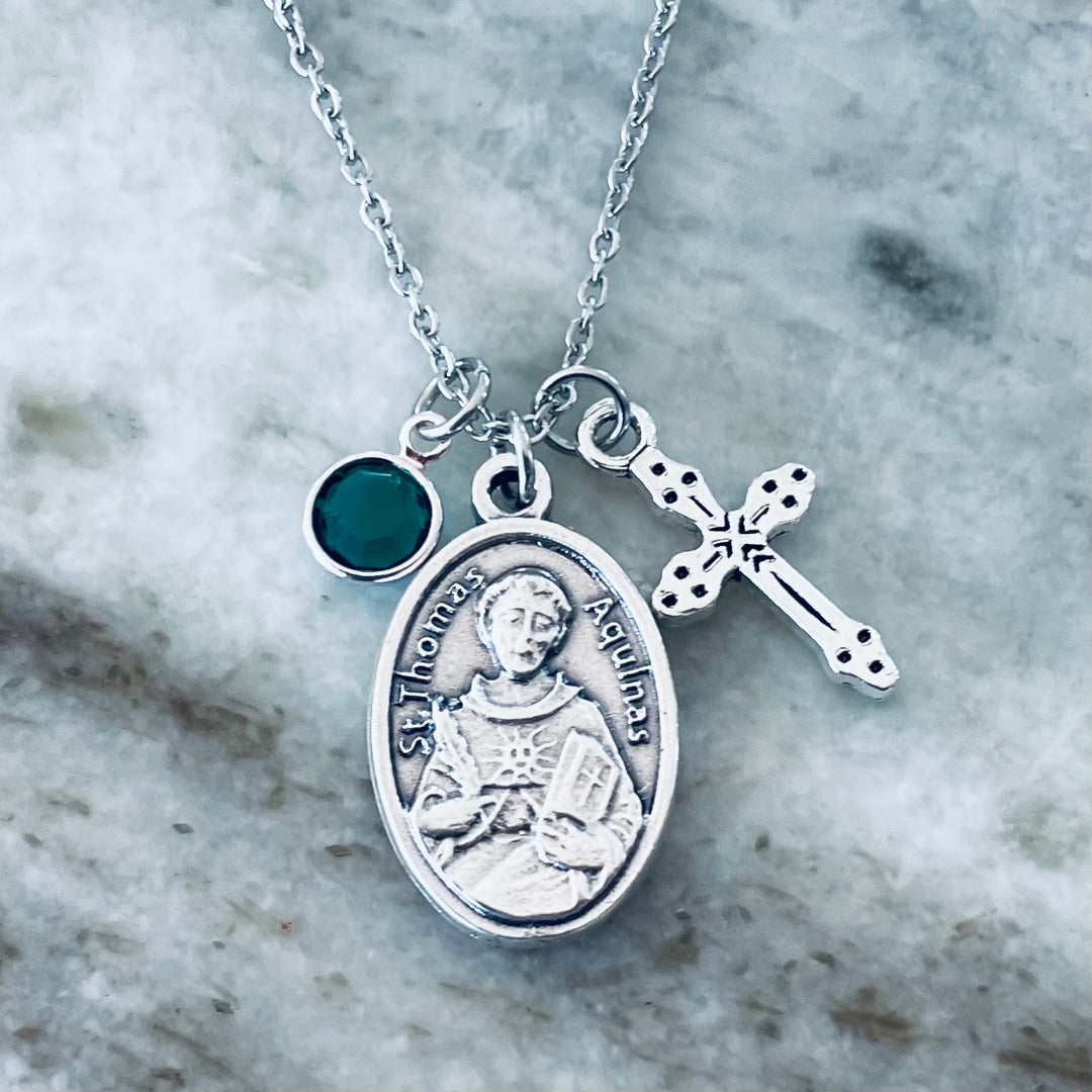 Saint Thomas Aquinas Necklace – Catholic Medal with Cross &amp; Birthstone – Personalized Confirmation Gift for Boys, Men &amp; Women