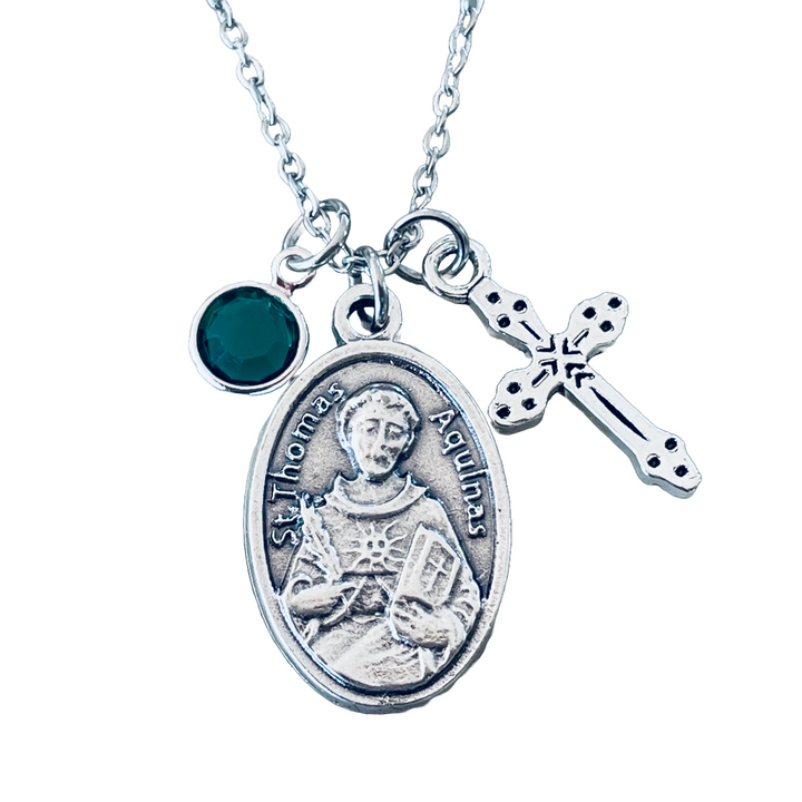 Saint Thomas Aquinas Necklace – Catholic Medal with Cross &amp; Birthstone – Personalized Confirmation Gift for Boys, Men &amp; Women