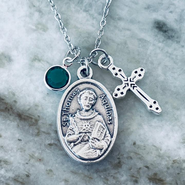 Saint Thomas Aquinas Necklace – Catholic Medal with Cross &amp; Birthstone – Personalized Confirmation Gift for Boys, Men &amp; Women